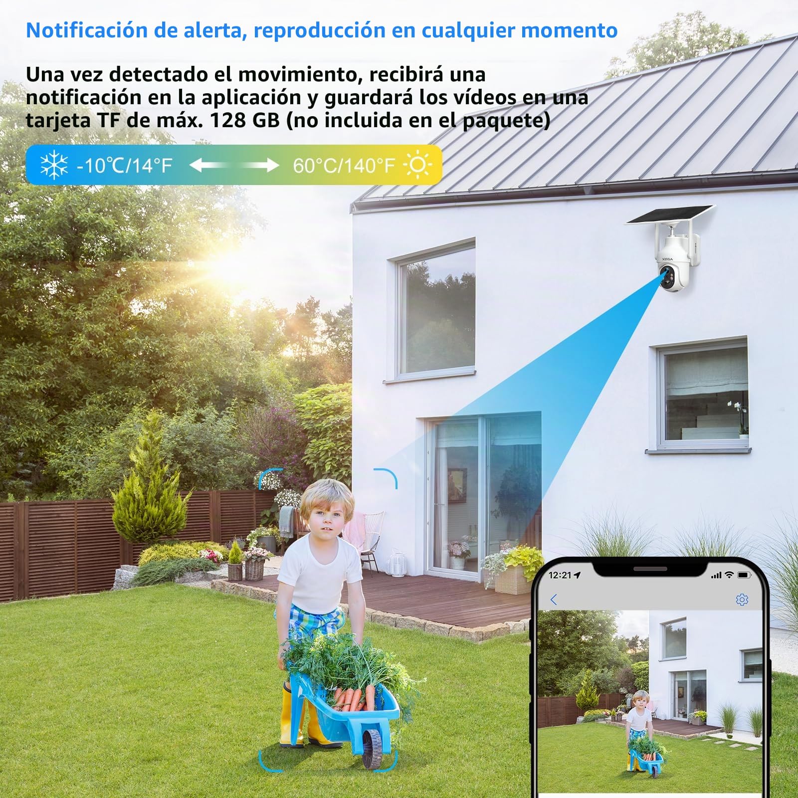 Xega 4G LTE Camara Solar con Tarjeta SIM,2K HD PTZ Camara Exterior sin WiFi | Panel Solar 6W Baterías 10400mAh, Foco y Sirena Visión Nocturna en Color PIR Detección Humana Almacenamiento TF/Cloud IP66