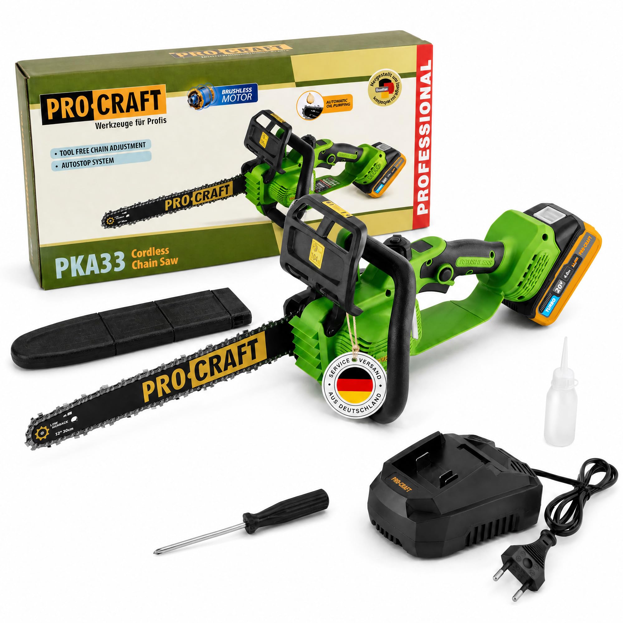 Procraft PKA33-1B akumulatorowa piła łańcuchowa 20 V 304 mm bezszczotkowa + 1 x akumulator 4,0 Ah + ładowarka