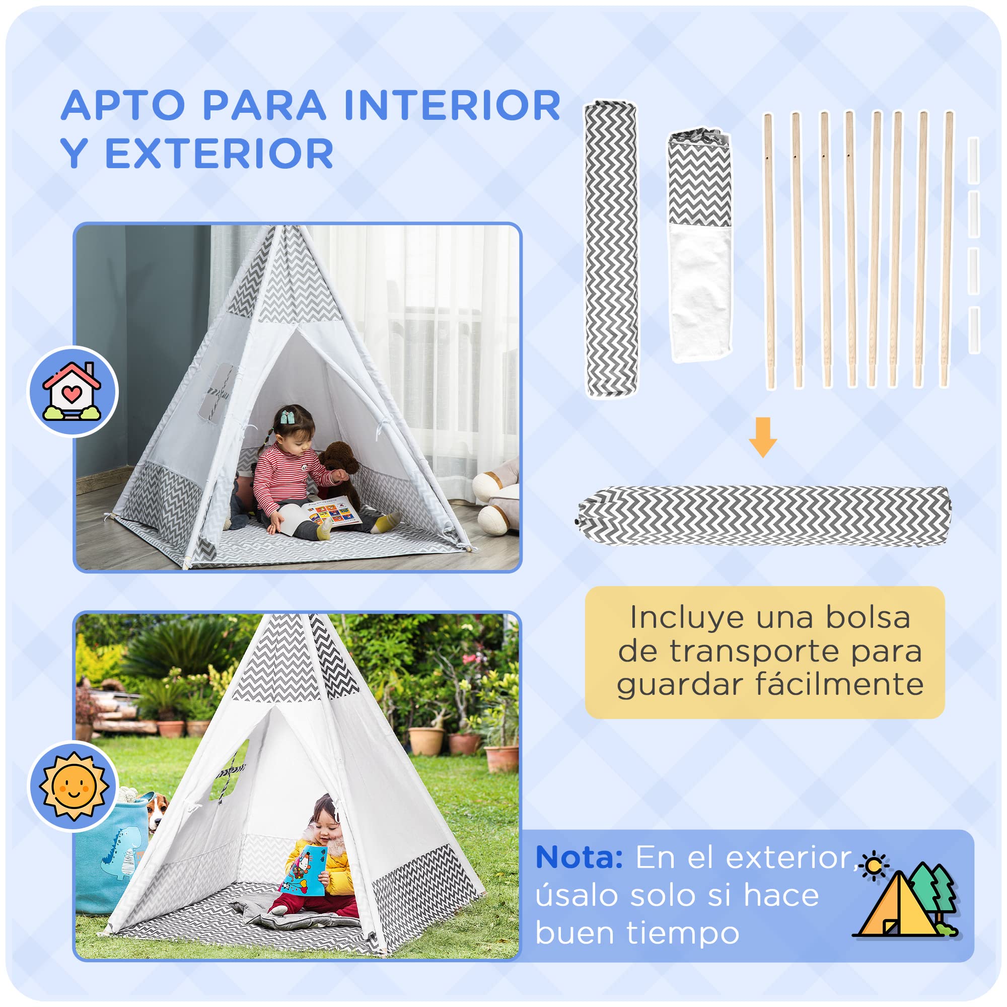 HOMCOM Tienda de Campaña para Niños de +3 Años 120x120x155 cm Gris | Tipi Infantil con Colchoneta, de Madera, Portátil, Ventana, Bolsa de Transporte, para Interiores y Exteriores