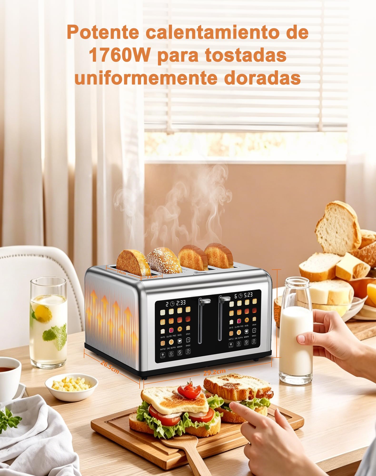 Tostadora de 4 Ranuras, Pantalla Táctil, 8 Niveles de Tostado, 6 Programas de Pan, Función Descongelar y Recalentar, Acero Inoxidable para Bagel Muffin Gofre, 1760 W