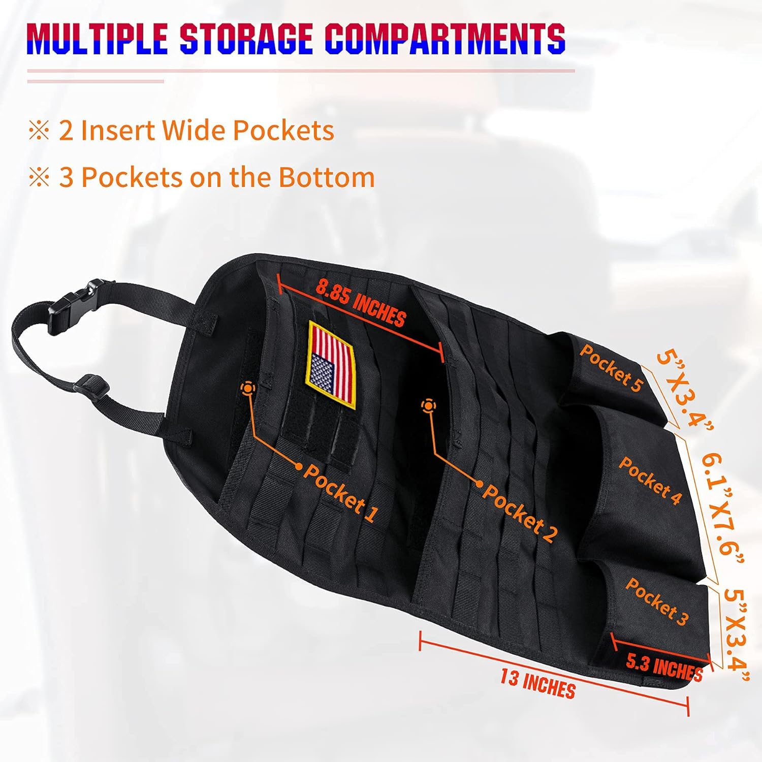 bvya Universal Car Back Seat Organizer with 3 Hooks and 5 Detachable Molle Pouches - Molle Pouch, Medical Pouch, Water Bottle Pouch, Flashlight Pouch, Phone Pouch for Tactical Vehicle Seat Protector