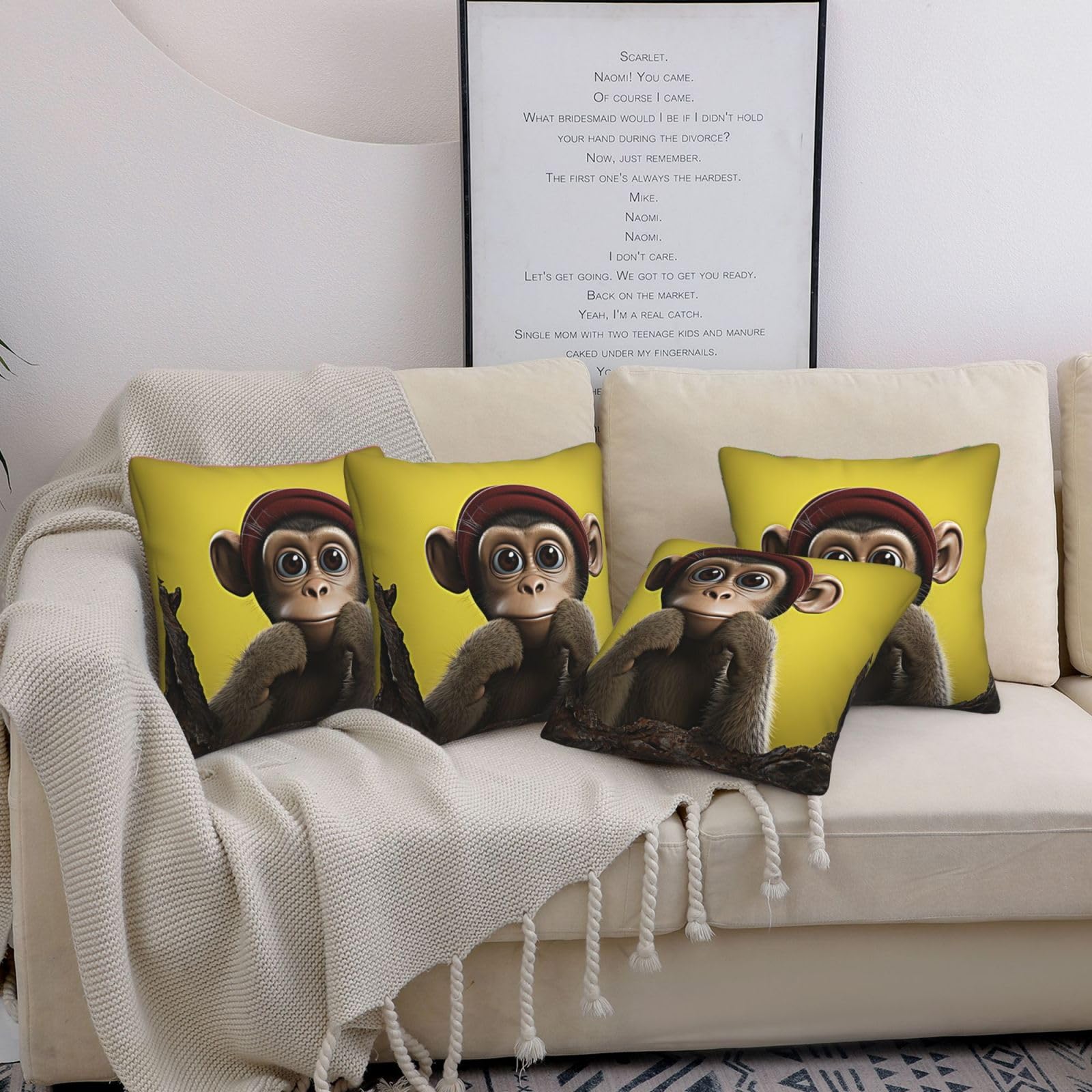 Housse de coussin salon moderne lot de 4 taies douces singe pour canapé