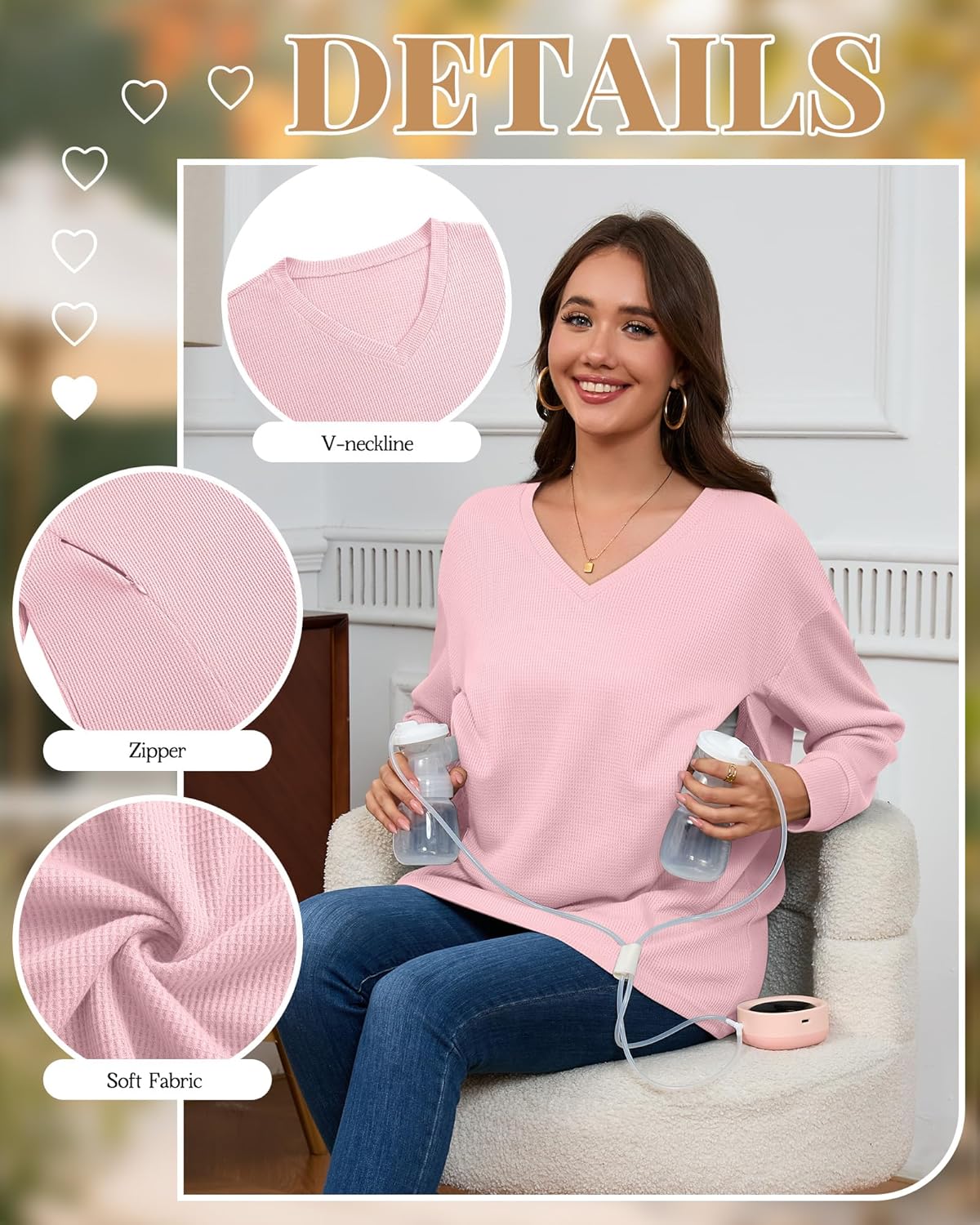 3 Pack Women's Oversized Nursing Tops Waffle Knit V Neck Breastfeeding Long Sleeve Shirts Hidden Zipper Sweatshirt - Image 5