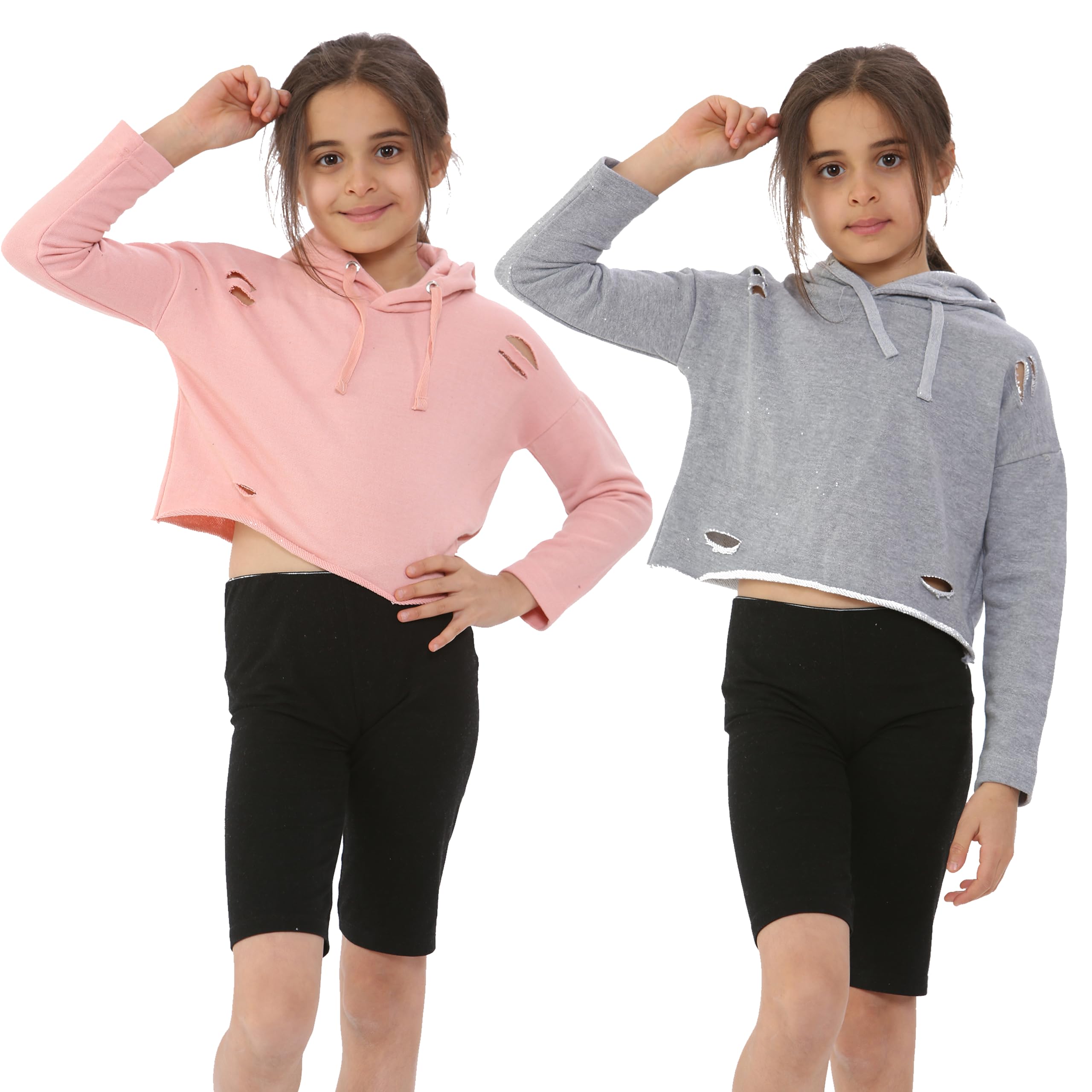 NOROZE Girl's Long-Sleeve Plain & Distressed Ripped Crop-Top Hoodie Pullover Sweatshirt (Pack of 2: Charcoal/S-Pink, 13 years)