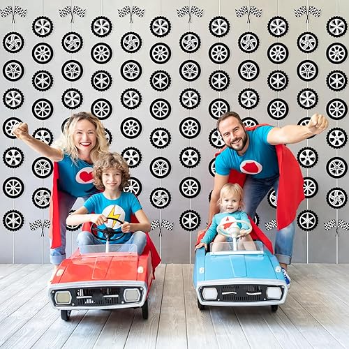 Miniatura 5 de gisgfim Paquete de 12 pancartas de fiesta de coche de carreras, neumáticos de ruedas, decoraciones de cumpleaños, kit de guirnalda de neumáticos