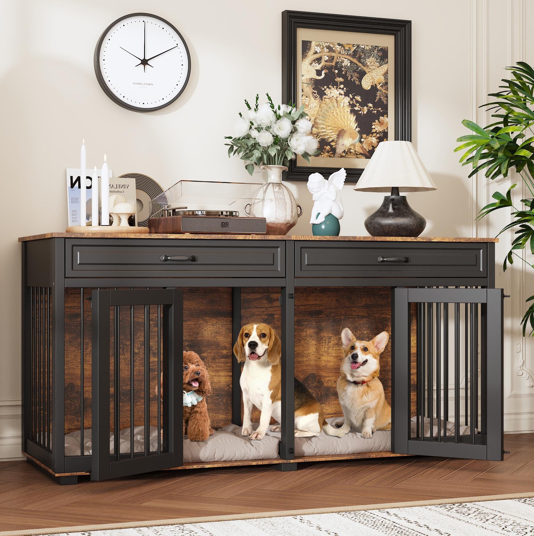 DAWNSPACES Furniture Style Dog Crate, 64.6 Inch Wooden Large Dog Kennel with Drawers & Divider, Indoor Dog House Furniture with Double Rooms for Medium Small Breeds, Brown+Black
