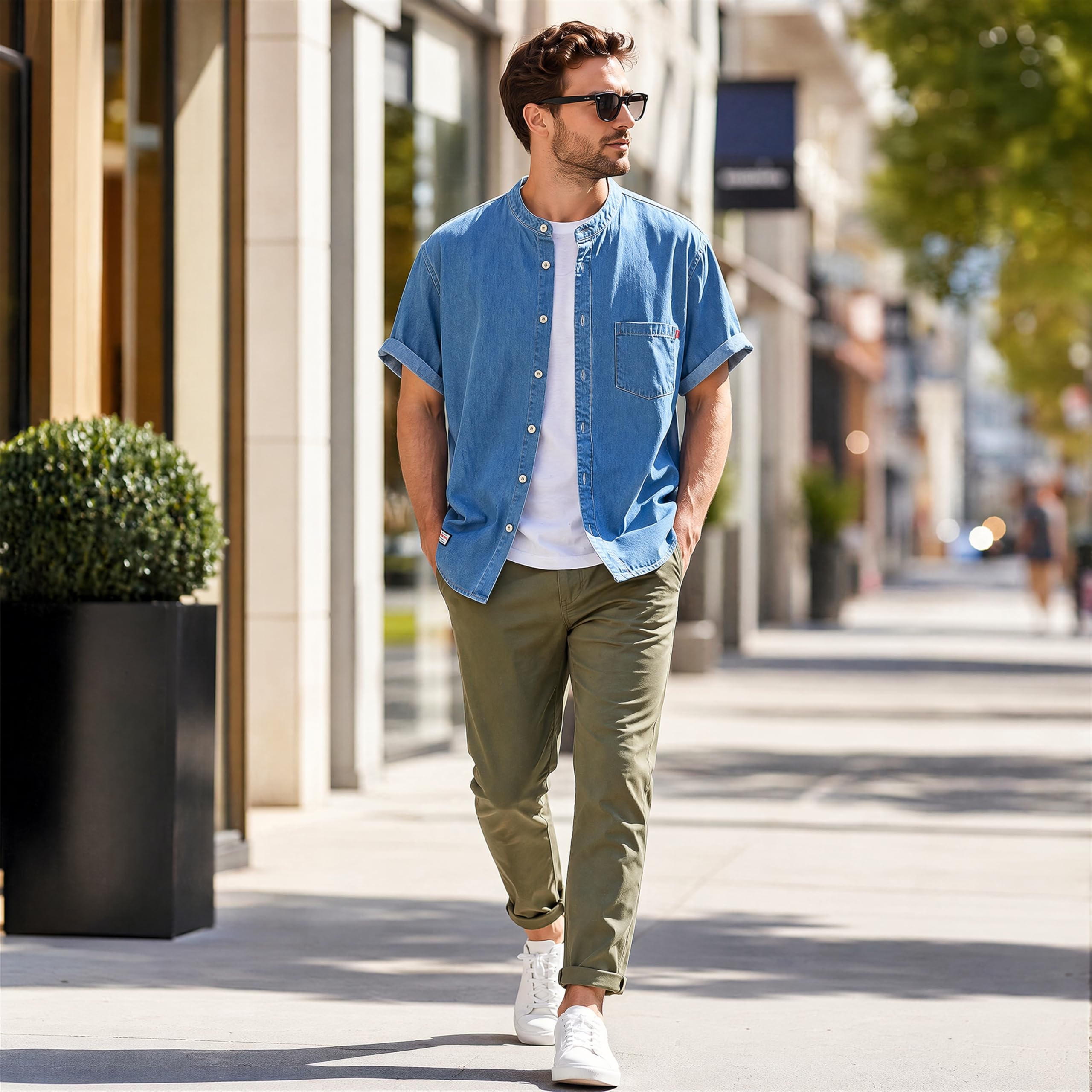 GIBZ Camisa de Mezclilla para Hombre Algodón Informal con Botones Manga Corta Camisas de Verano