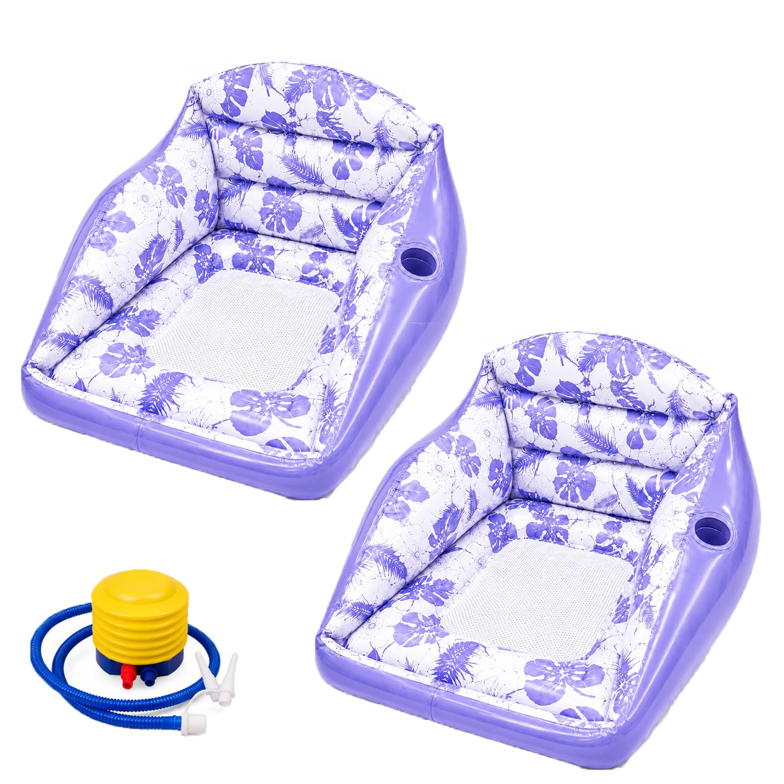 3-in-1 Inflatable Pool Lounge Chair, Adult Water Inflatable Pool Float with Cup Holder, Comfortable Heavy Duty Beach Pool Chairs Outdoor for Parties Summer Vacation (2PCS Purple)