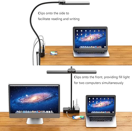 Miniatura 3 de Lámpara LED de escritorio para oficina en casa, luz de escritorio con clip para cuidado de los ojos con cuello de cisne flexible, puerto de carga