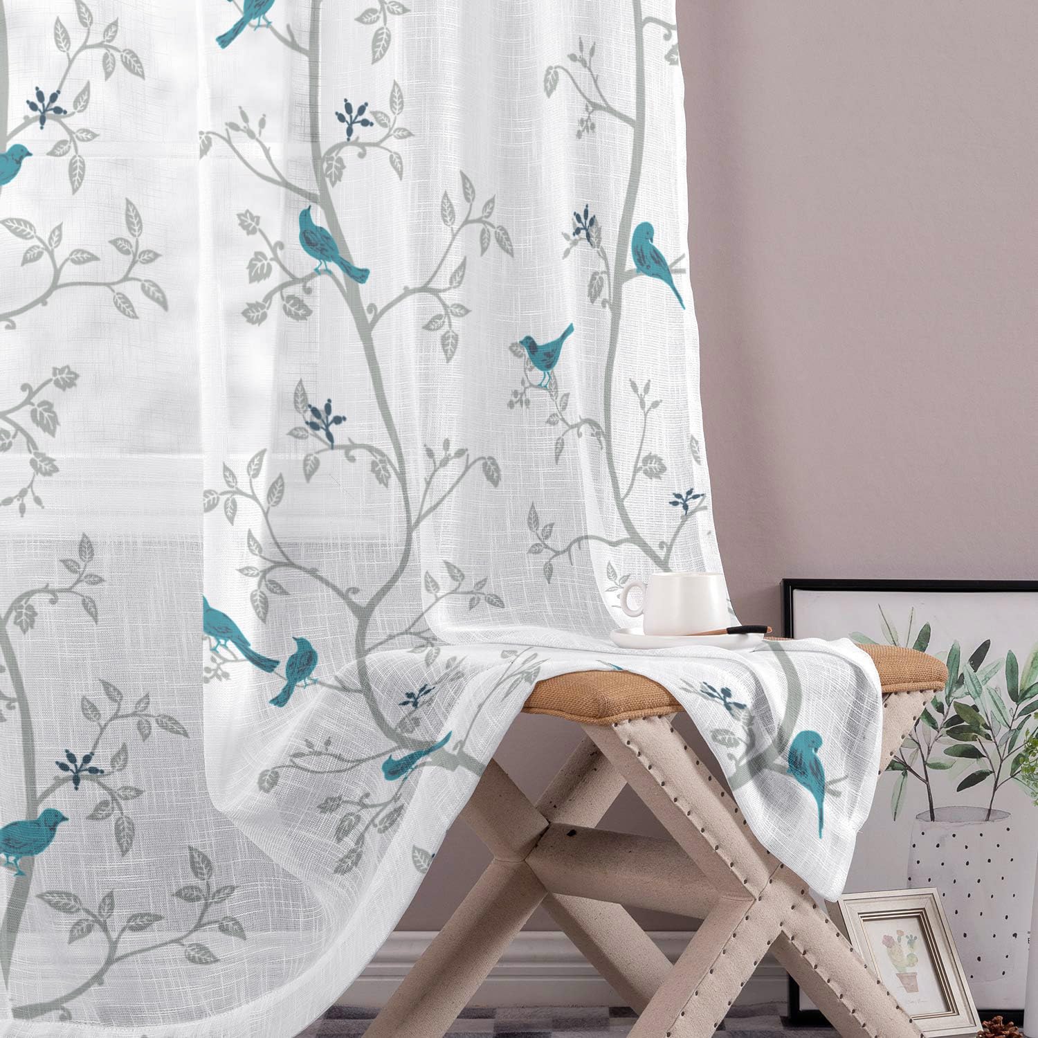 Tranquebar Curtain Co. Sheer Curtains 7 Feet Long Set of 2, Linen Textured Sheer Fabric, 20-30% Light Filtering, Blue Bird Print, White Sheer Curtains 7 Feet, BackTabs, Yori (213 cm) - Set of 2-image-40
