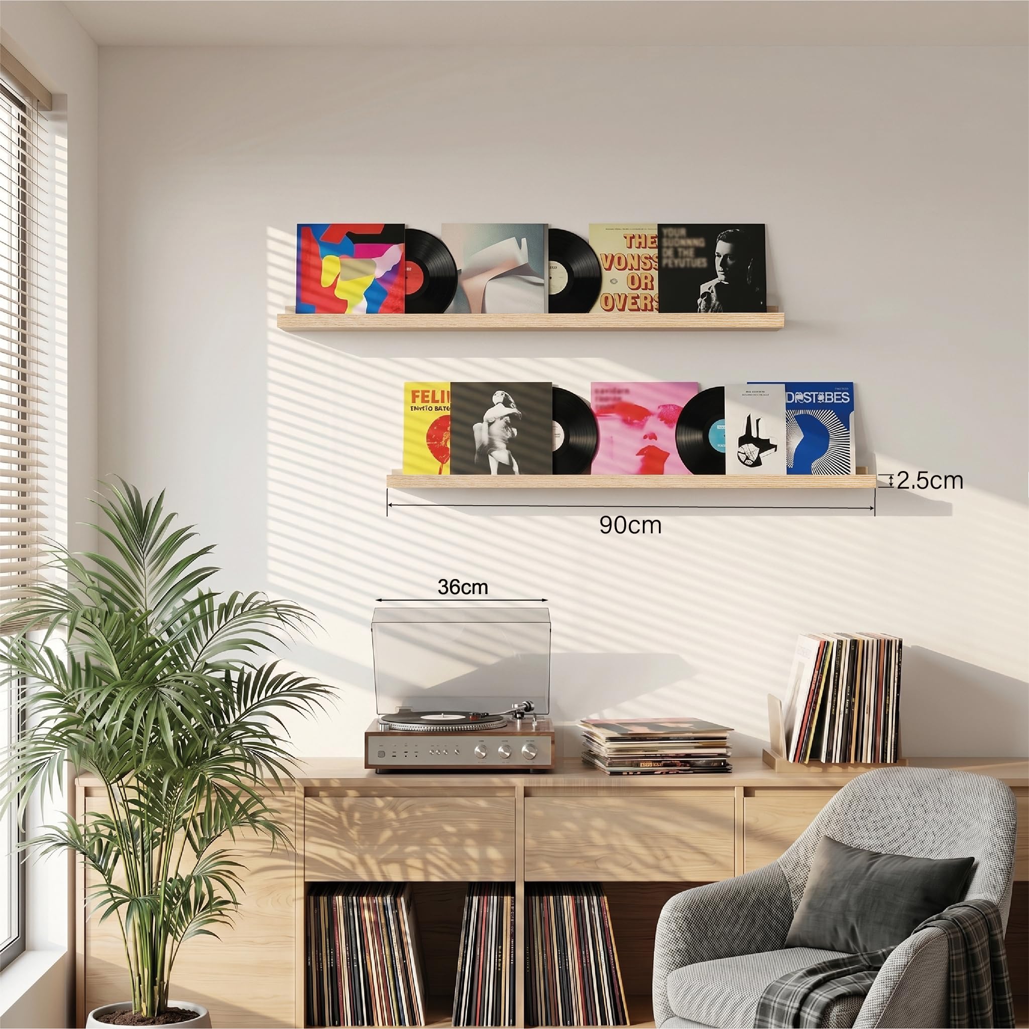 Bilderleiste Eiche 90 cm, 2er Set Schweberegal mit erhöhter Vorder- und Rückkante, großes Wandboard für Bilderrahmen, Pflanzen und Dekoration, Regal für Wohnzimmer, Schlafzimmer und Flur
