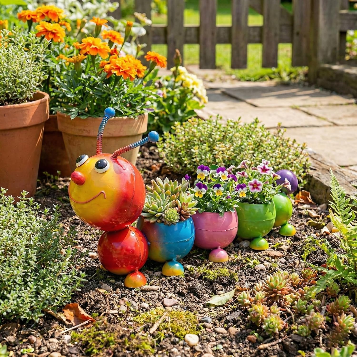 Cute Caterpillar Flower Pot Metal Yard Art Garden Decor Mini Plant Cactus Succulent Planter for Indoor&Outdoor Decor, Gift for Mom Grandma-Colorful