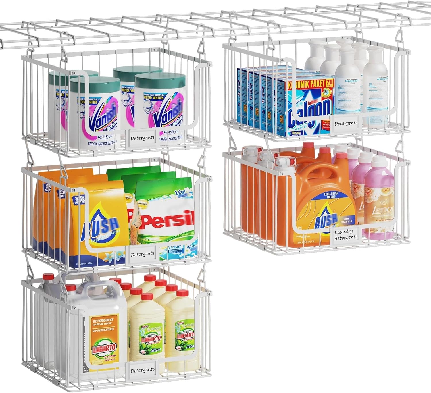 5-Tier Hanging Laundry Room Organizer with Label Cards,Foldable Wire Shelf Basket with 4 Rotating Hooks,Stacked Laundry Basket Organizer,Storage Rack for Laundry Rooms,Closet and Pantry-White