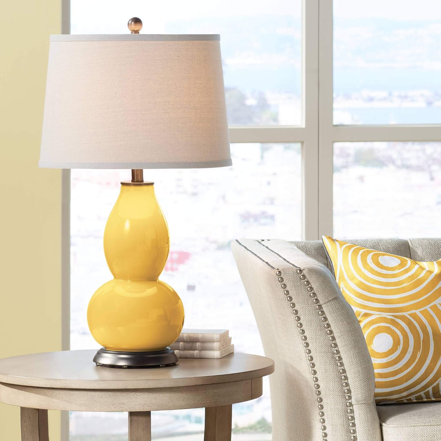 Color + Plus Modern Table Lamp 28 3/4" Tall Goldenrod Glass Double Gourd Off White Tapered Drum Shade for Bedroom Living Room House Home Bedside Nightstand Office Entryway Family Kids Decor