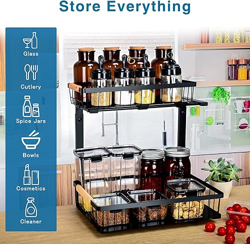 Miniatura 3 de JAILOG Organizador para debajo del fregadero de altura ajustable, estante extraíble de 2 niveles para debajo del fregadero, soporte de gabinete de