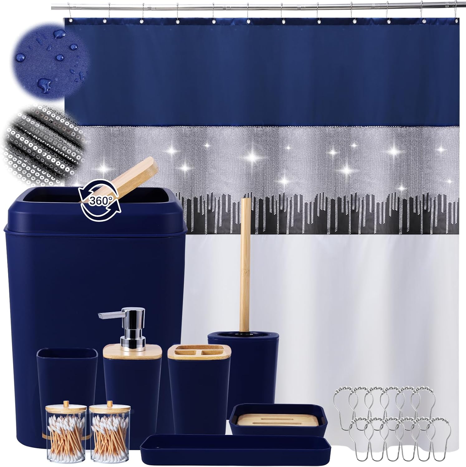Amazon.com: Navy Blue Bathroom Accessories Set Complete with Sequin ...