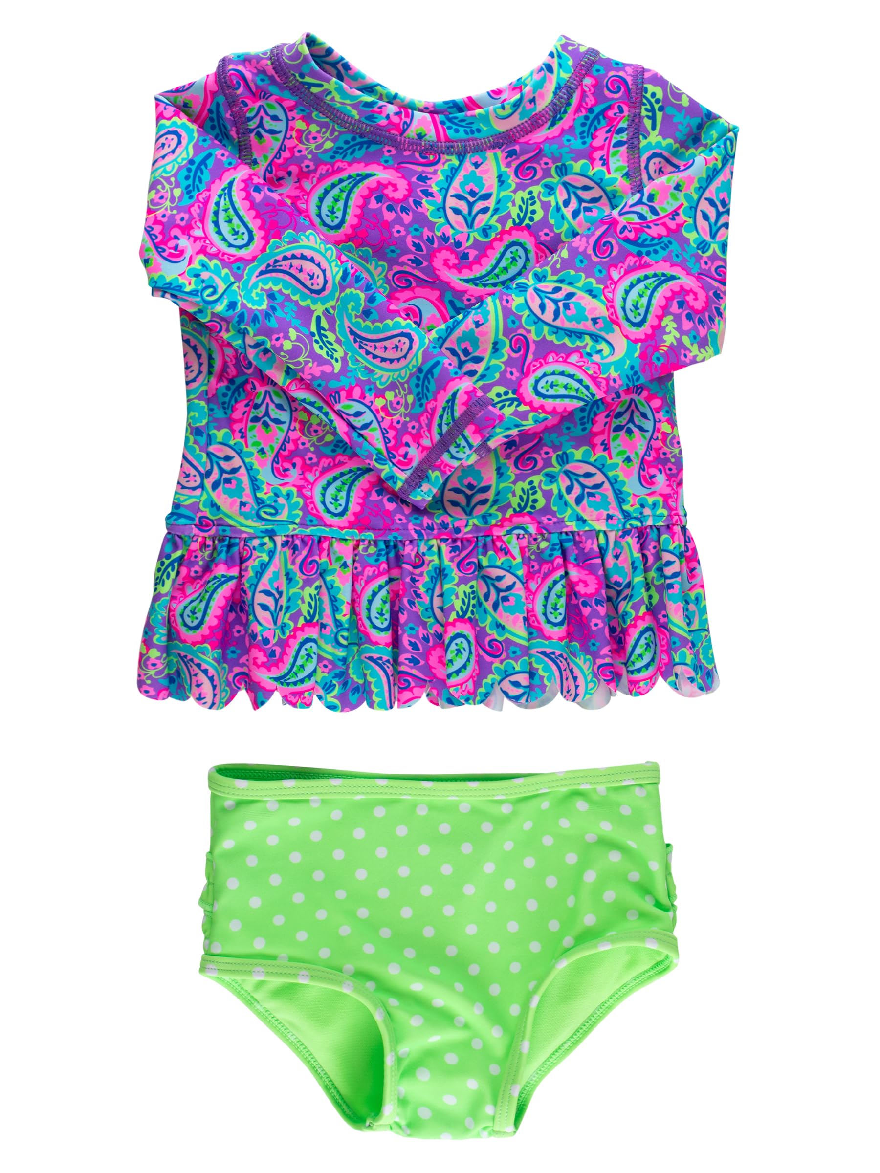 RuffleButts Girls Scalloped Long Sleeve - 2-Piece Rash Guard Swim UPF 50+