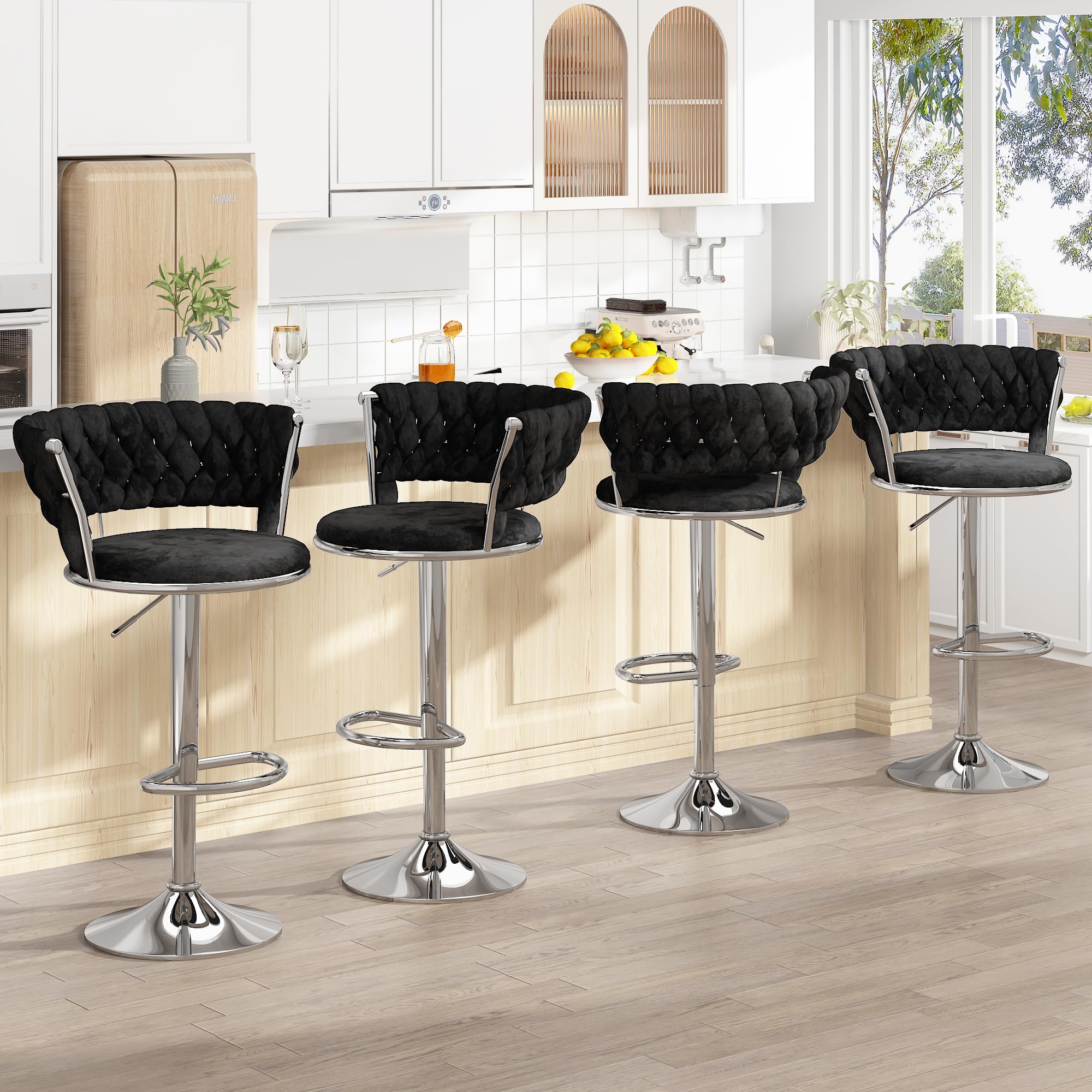 furlinkhm Swivel Bar Stools Set of 4, Adjustable Counter Height Barstools with Back & Footrest, Kitchen Island Stools, Upholstered Velvet Bar Chairs,