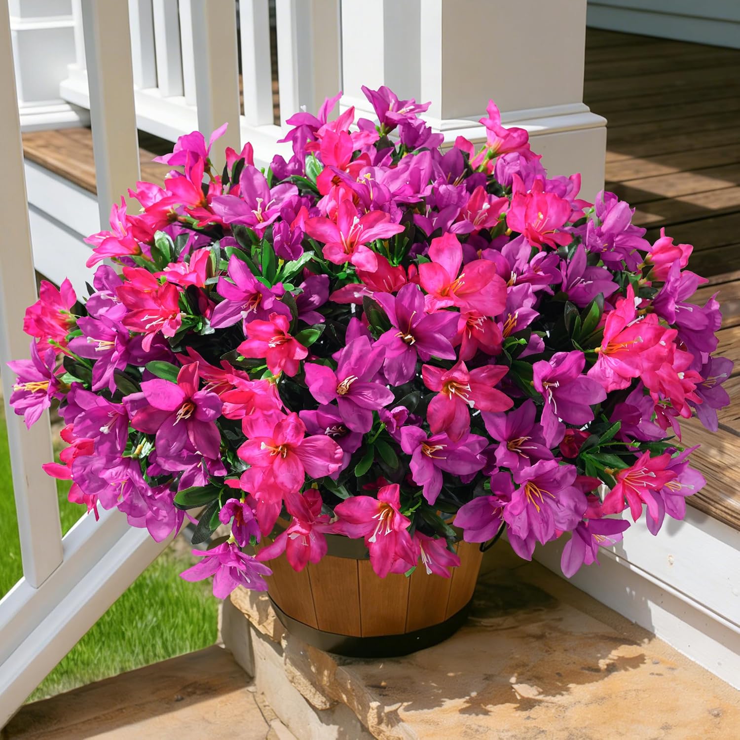 INSPRING Artificial Flowers Fake Plants for Outdoors Spring Summer Decoration, 3 Bundles Faux Silk Azalea UV Resistant Outdoor Flowers Realistic for Planters Outside Patio Porch Garden Home Decor, Mix