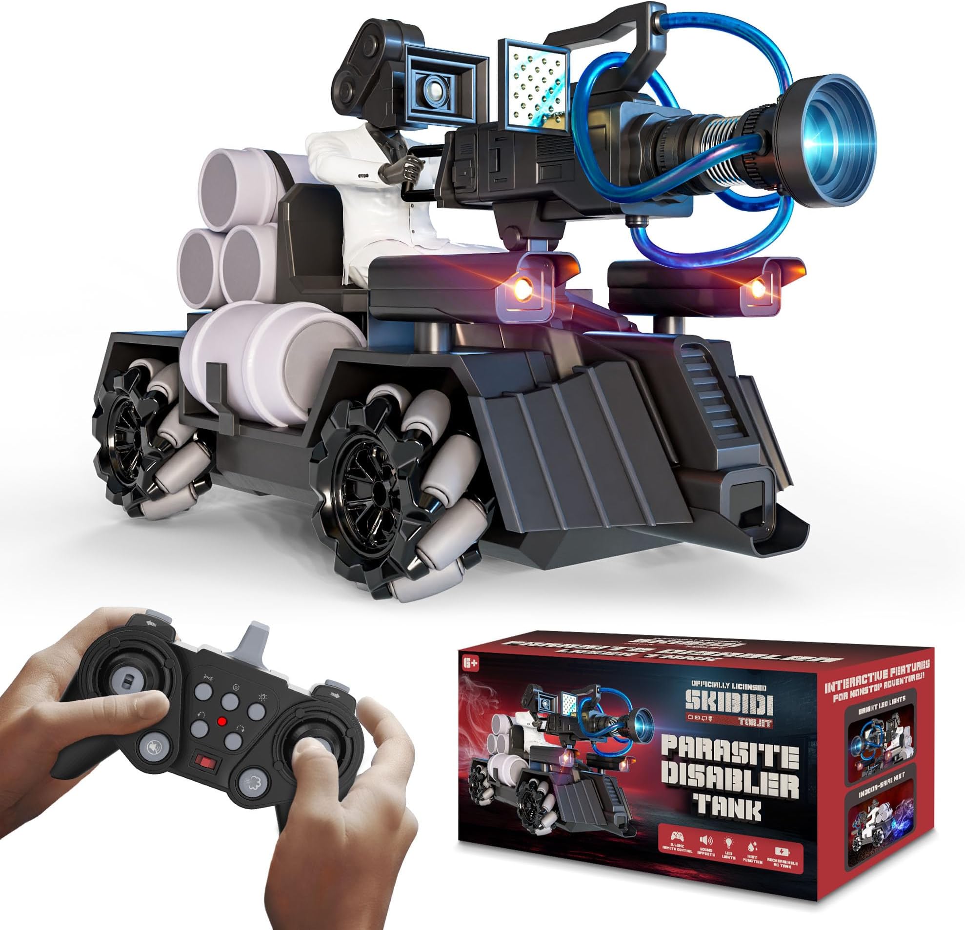 Officially Licensed Skibidi Toilet Toy Cameraman Figure PDLT Tank RC Truck- Parasite Disabler Tank Remote Control Car, Rechargeable RC Car with LED Lights, 2.4 GHz, Mist Spray, Beginner RC Cars