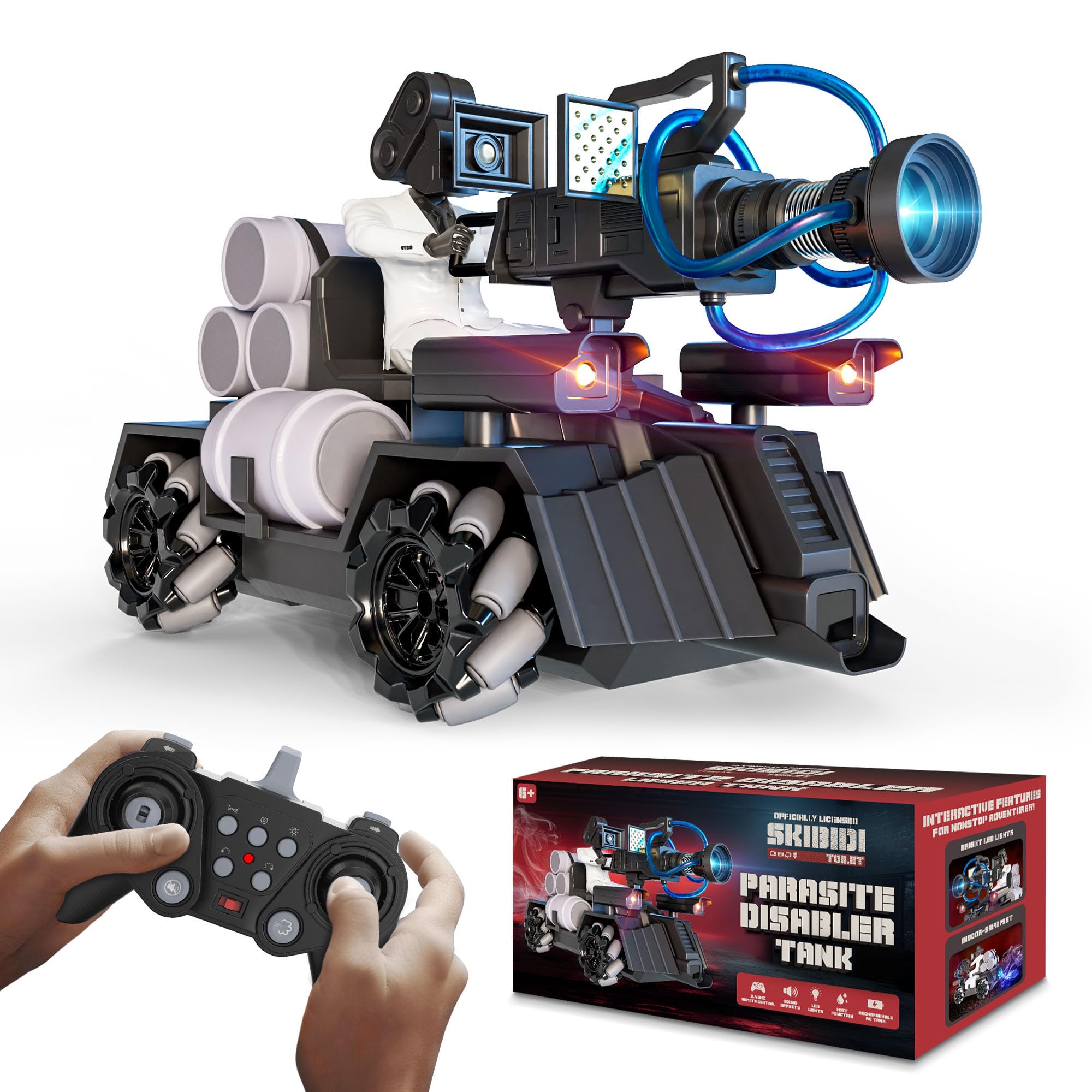 Officially Licensed Skibidi Toilet Toy Cameraman Figure PDLT Tank RC Truck- Parasite Disabler Tank Remote Control Car, Rechargeable RC Car with LED Lights, 2.4 GHz, Mist Spray, Beginner RC Cars