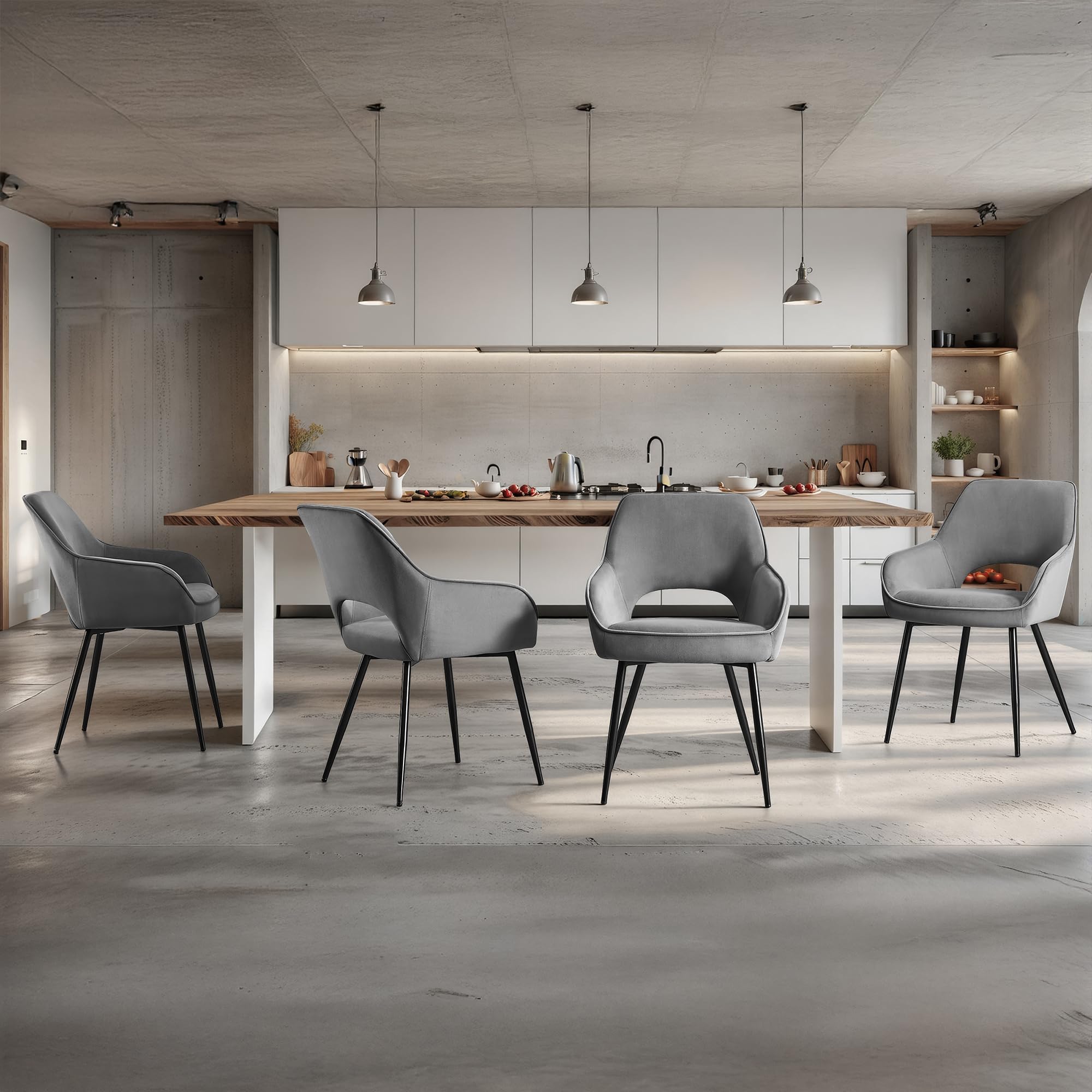 STOOLINK Sillas Comedor Juego de 4, Silla de Comedor de Terciopelo, Silla de Cocina de Diseño Moderno con Reposabrazos, Silla de Tapizadas con Respaldo Recortado para Cocina, Salón - Gris