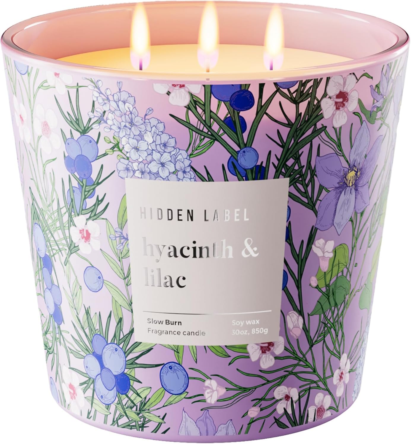 Hidden Label Large Soy Candle, Hyacinth Lilac Scented, 3 Wick 30oz, 100Hr Burn, Natural Non-Toxic Aromatherapy Stress Relief, Home Scent, Spa