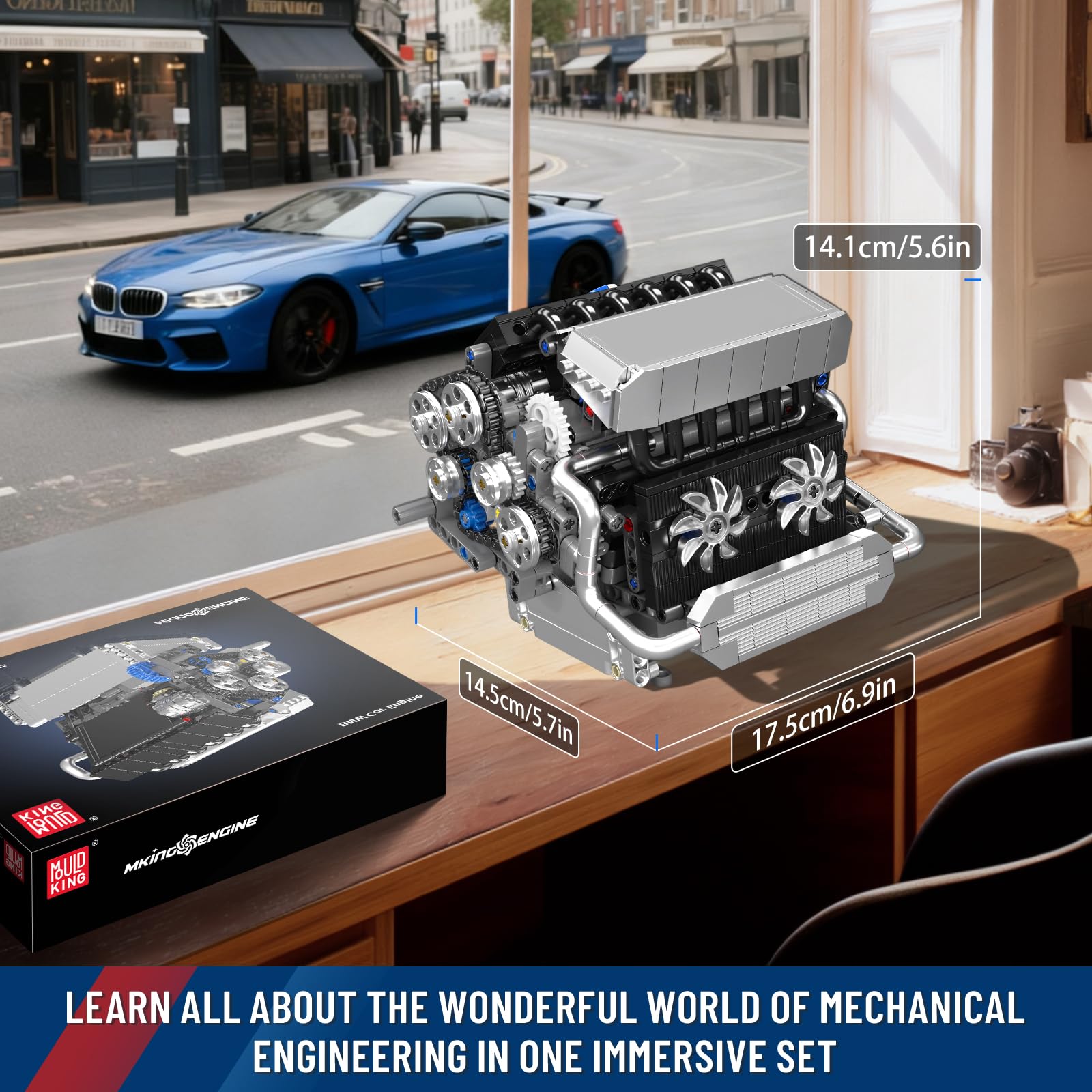 Mould King 10213 MOC Technik Motor-Modell，Baustein-Set eines Automobilmotors mit Elektromotor und Antriebsstruktur, Technologie Klemmbausteine Bausatz （744+Teile）