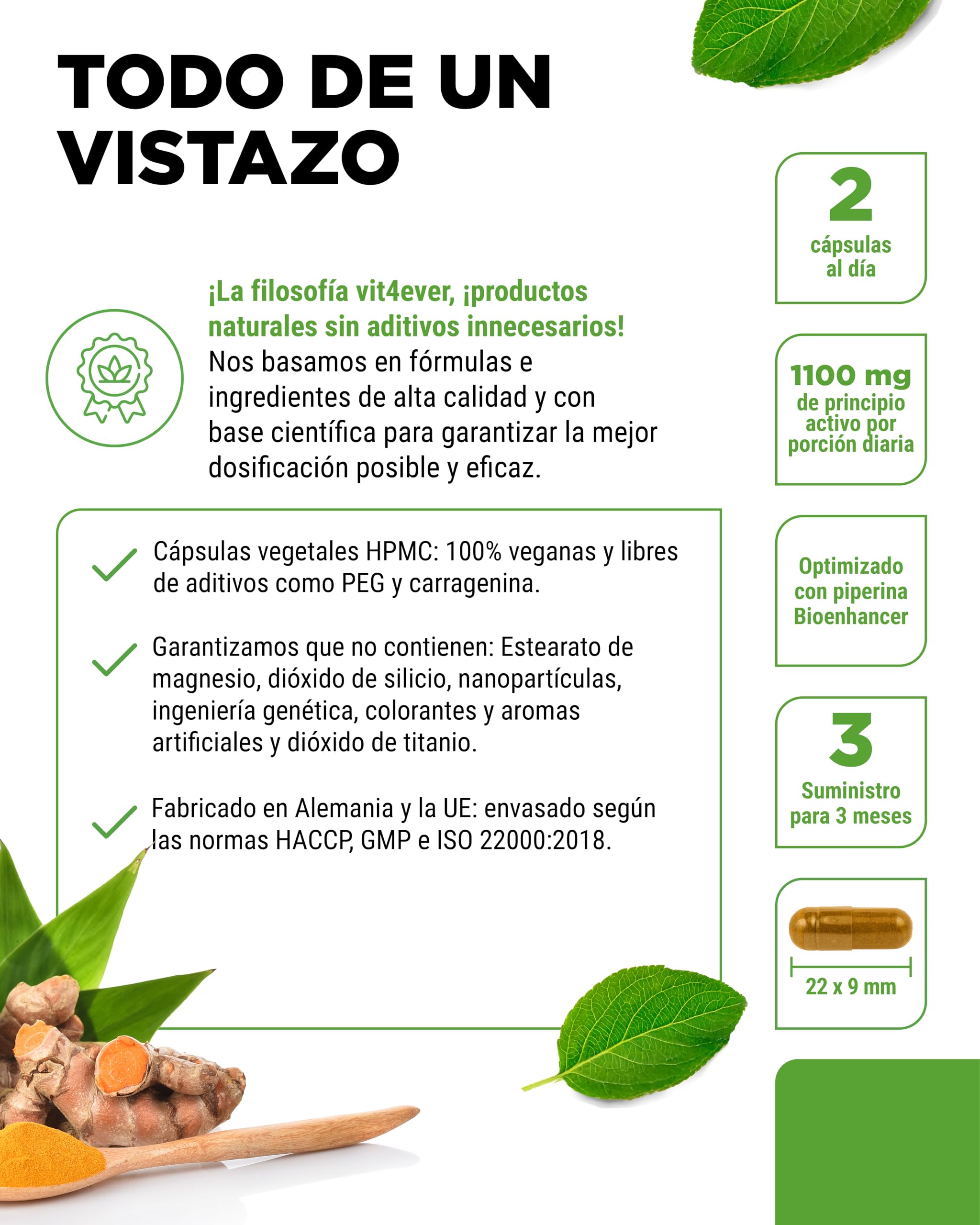 Extracto de cúrcuma - 180 cápsulas - Alta dosis con 500 mg de curcumina por dosis diaria - Con un 90% de contenido en curcumina - Sin aditivos indeseables, vegano