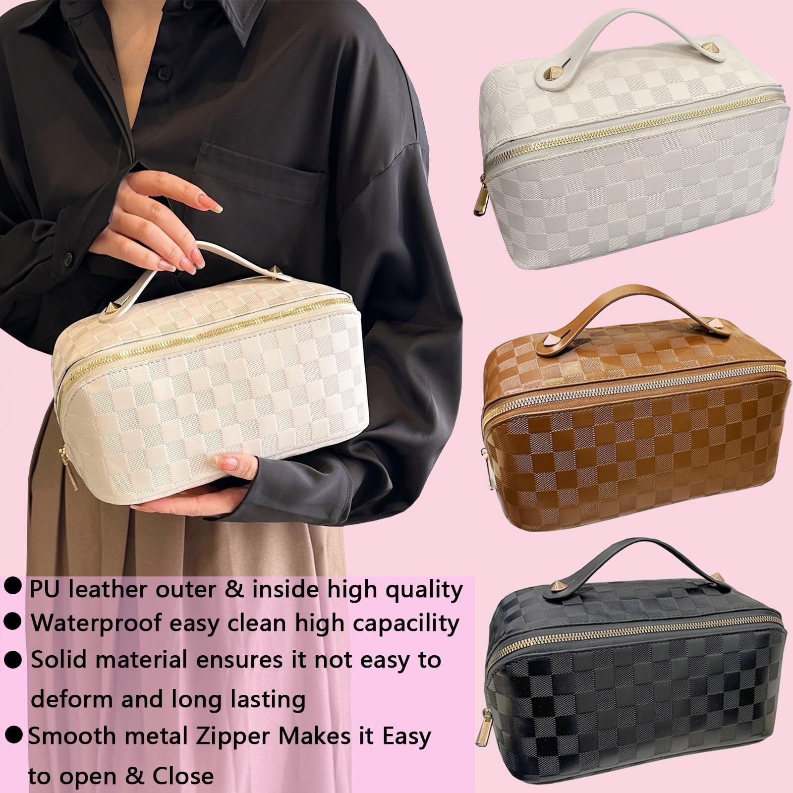 Kosmetiktasche Damen Kosmetiktasche Damen PU-Leder Kosmetiktasche Reise-Kulturbeutel mit Grifffach Kulturbeutel(White)