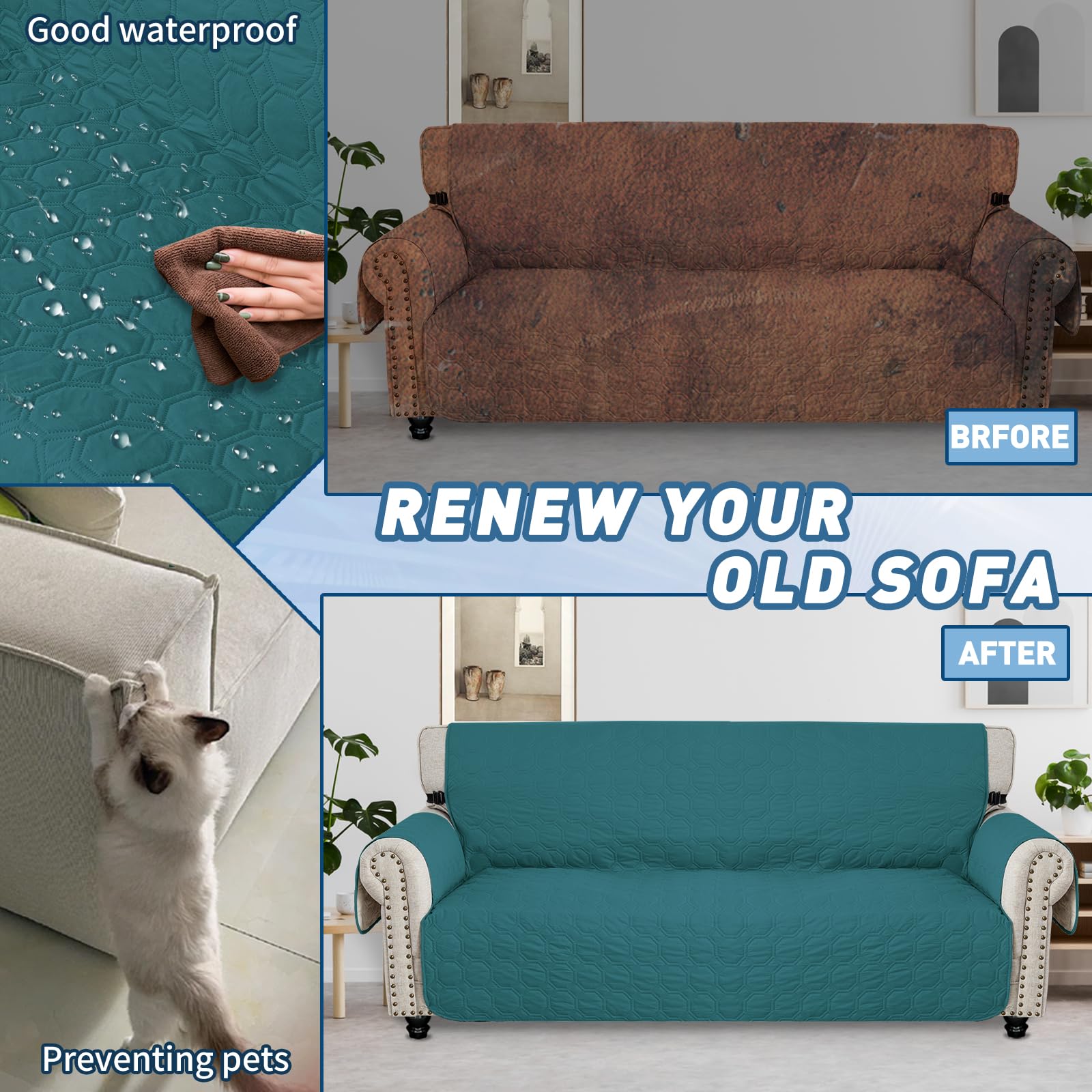 Ystyle Copridivano Impermeabile 3 Posti Con Braccioli, Copri Divano Antigraffio Gatto Con Tasche Laterali, Sofa Cover Antiscivolo, Universale Copridivani Mobili Protector, Verde Scuro