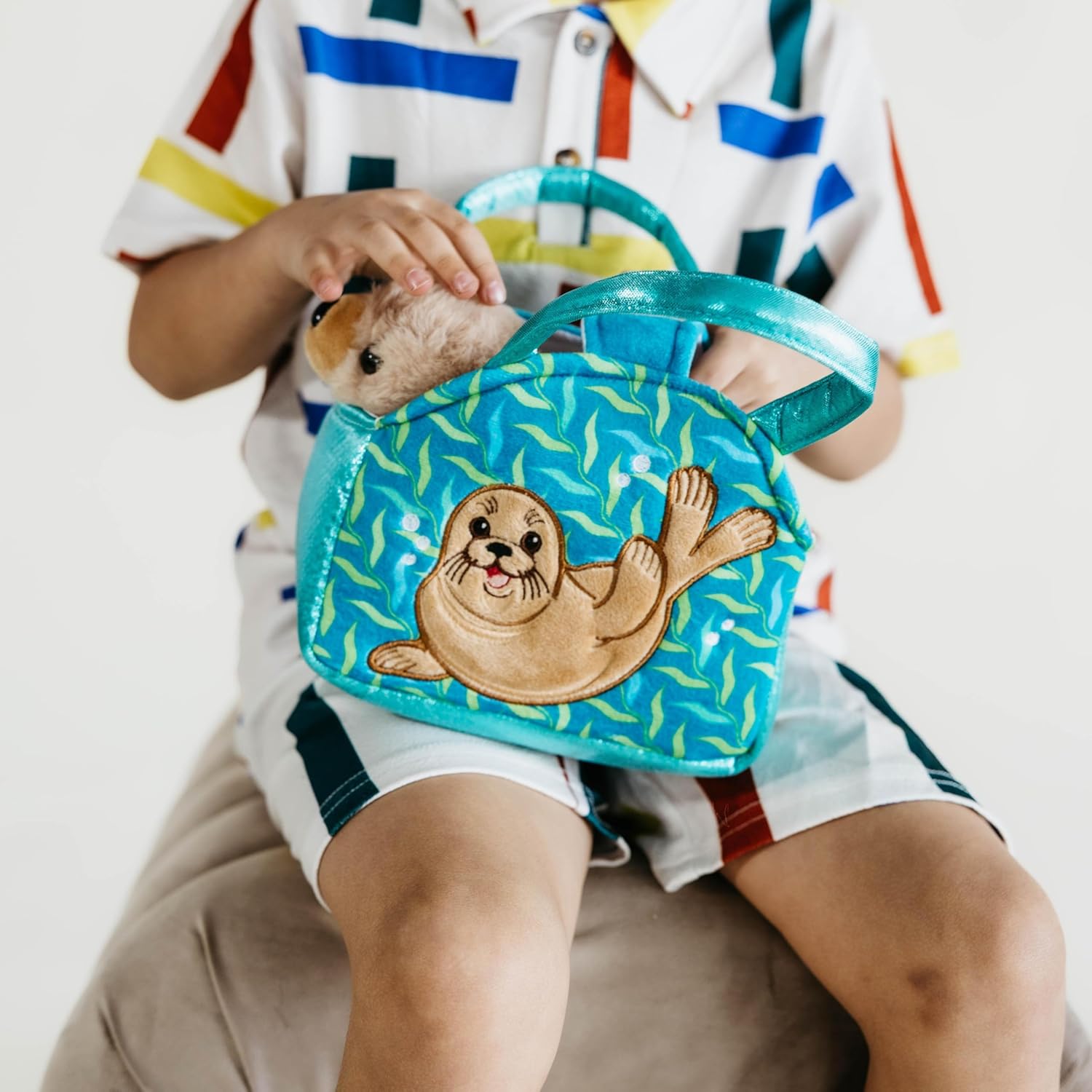 The Petting Zoo Sea Lion Stuffed Animal Plushie and Purse Set, Gifts for Kids, Sealife Animal Toy, Brown Sea Lion Plush Toy and Purse Pet Carrier