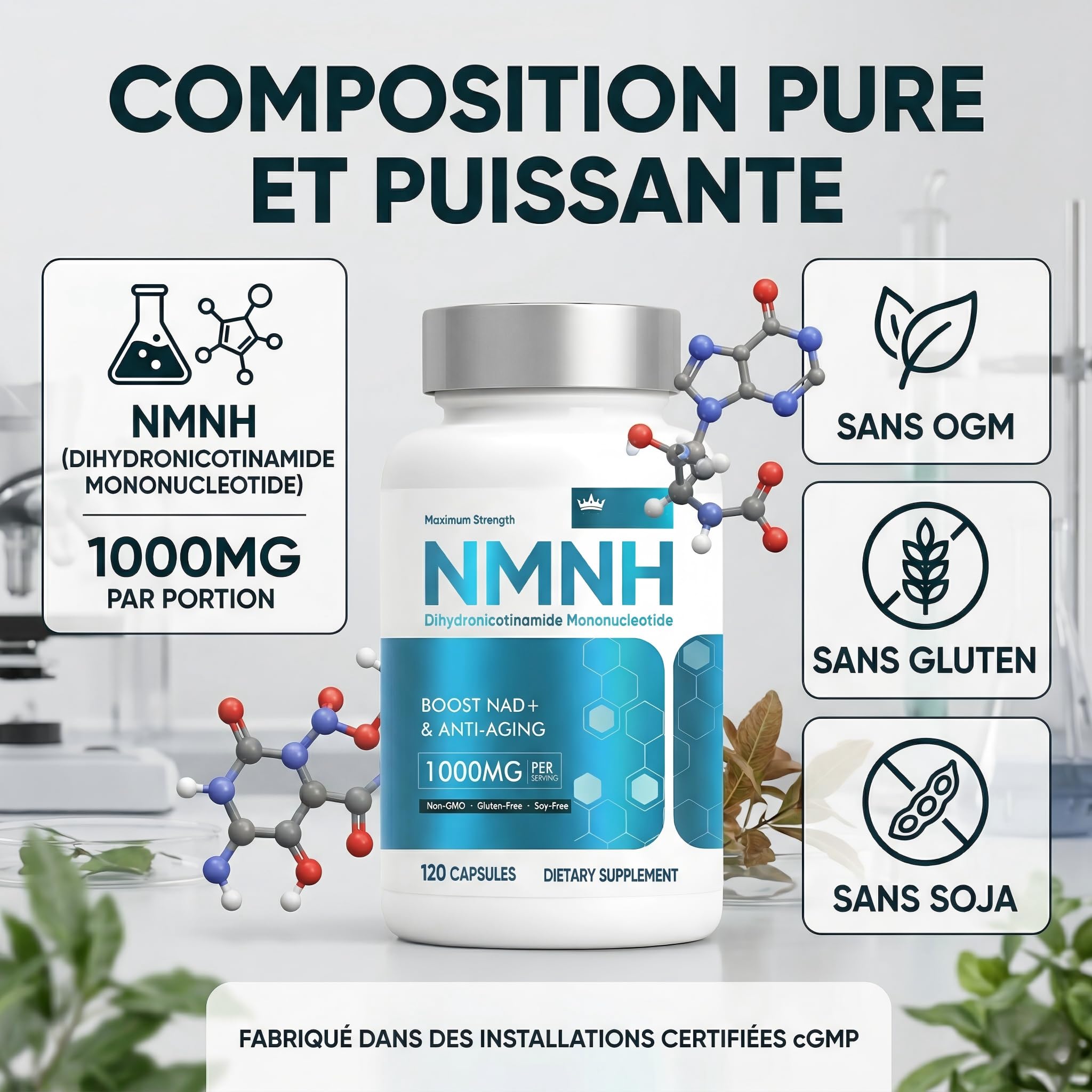 NMNH 1000mg Par Portion, Anti Âge Et Énergie Cellulaire, 120 Gélules Resvératrol Supplément NAD+