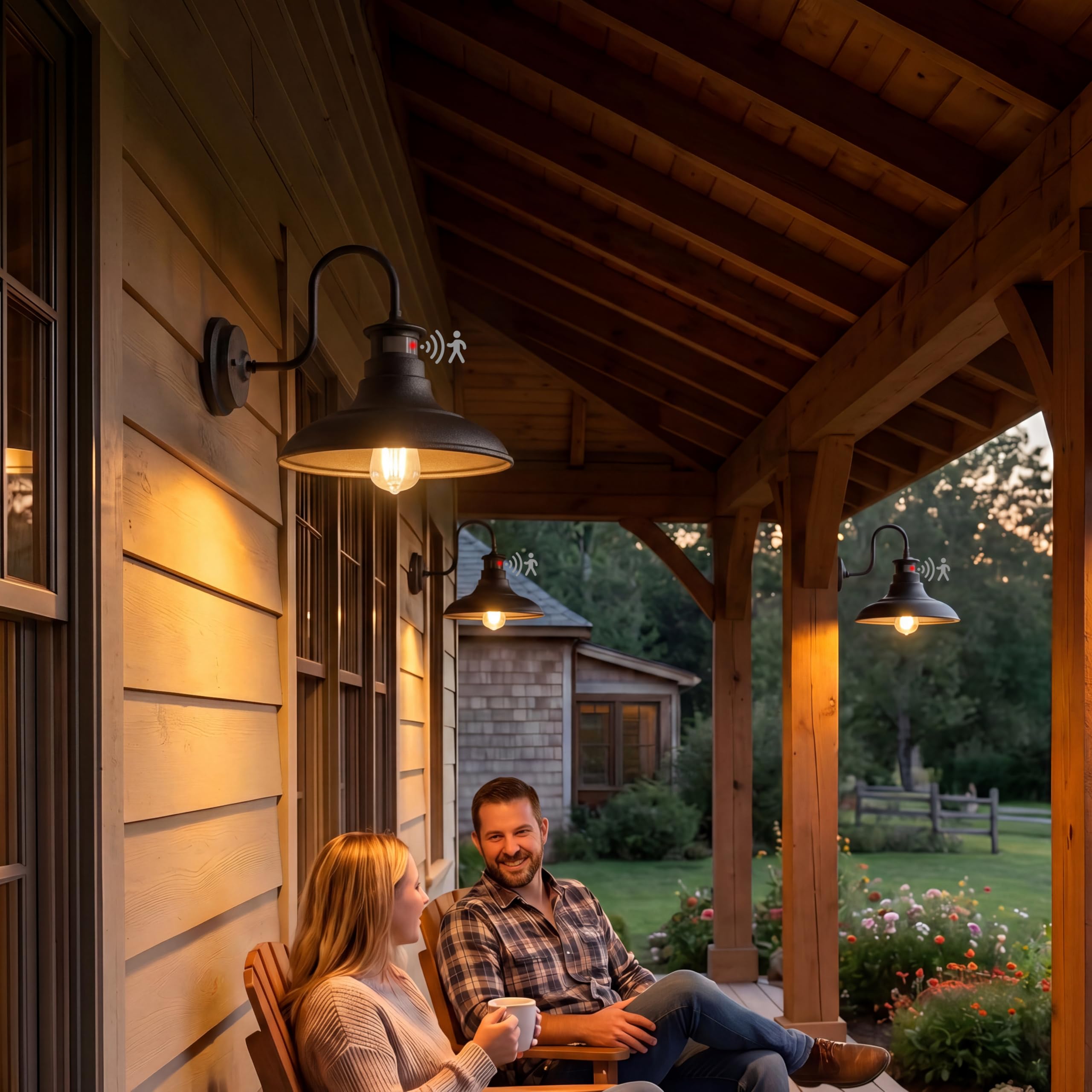 YLHogar Set of 2 Gooseneck Outdoor Wall Lights Fixtures,Dusk to Dawn Motion Sensor Farmhouse Wall Sconce Barn Lamp for Patio,3 Modes Adjustable Exterior Porch Light IP65 E26 Wall Mount Lighting Black
