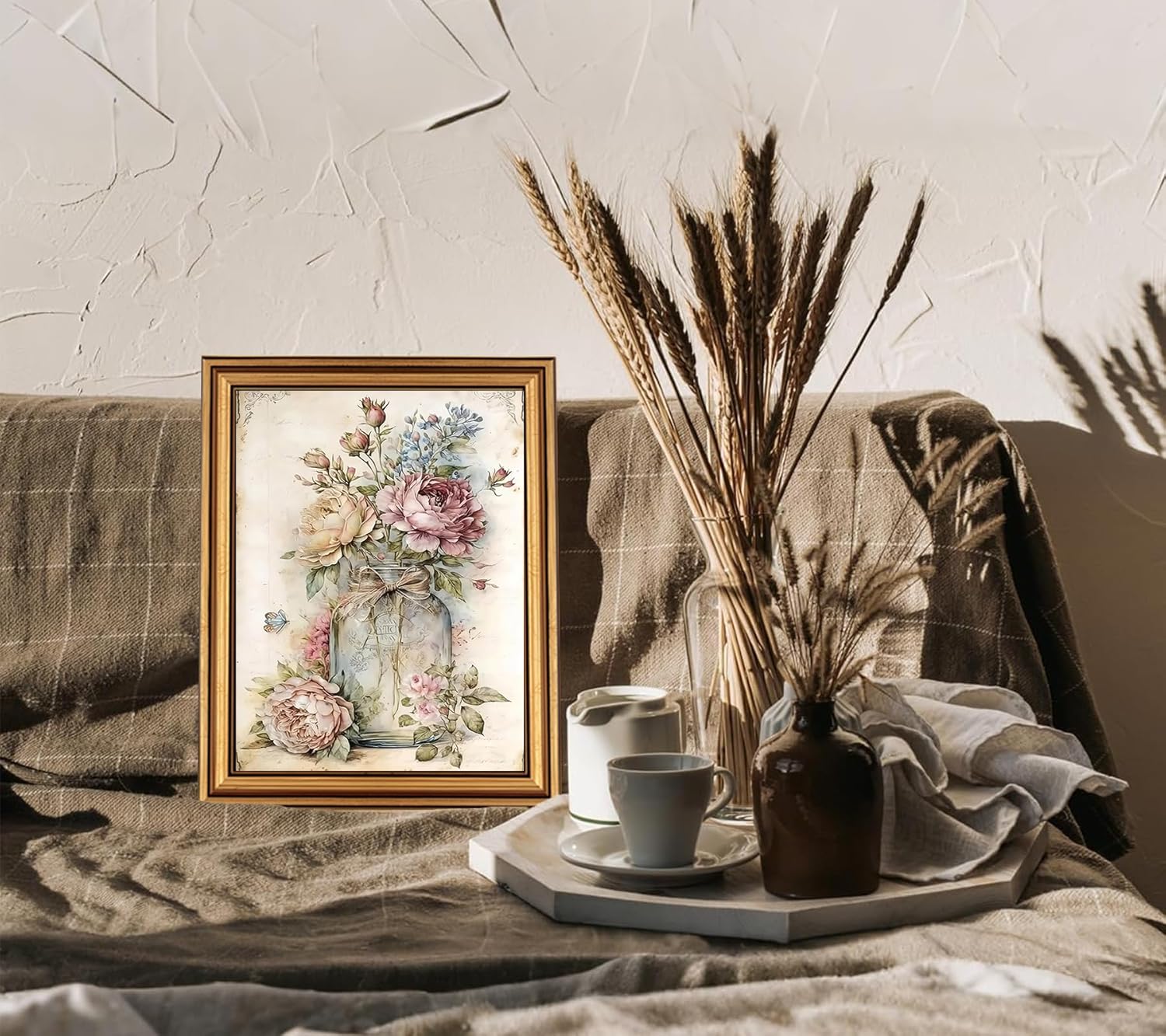 Gold Frame Vintage Rose Canvas Wall Art Pink Wildflowers Botanical Wall Decor Painting Mason Jar Floral Poster Print Victorian Picture for Bedroom Living Room Bathroom 12x16in
