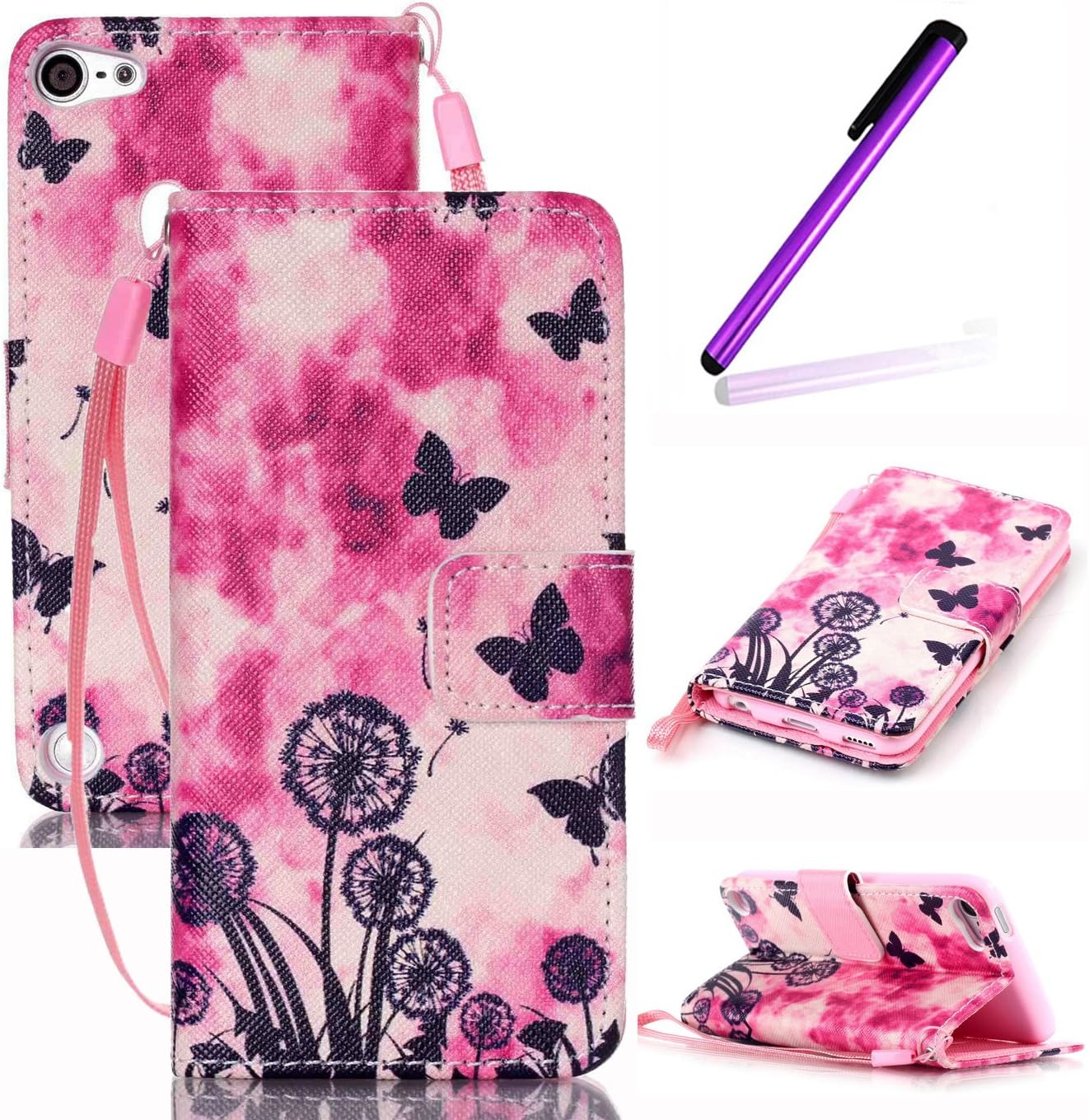 iPod Touch 5 Case,iPod Touch 6 Case,LEECO Fashion Synthetic PU Leather Wallet Type Magnet Design Flip Stand Case Cover for Apple iPod Touch 5 6th Generation + Send 1 Stylus Pen(Butterfly Dandelion)