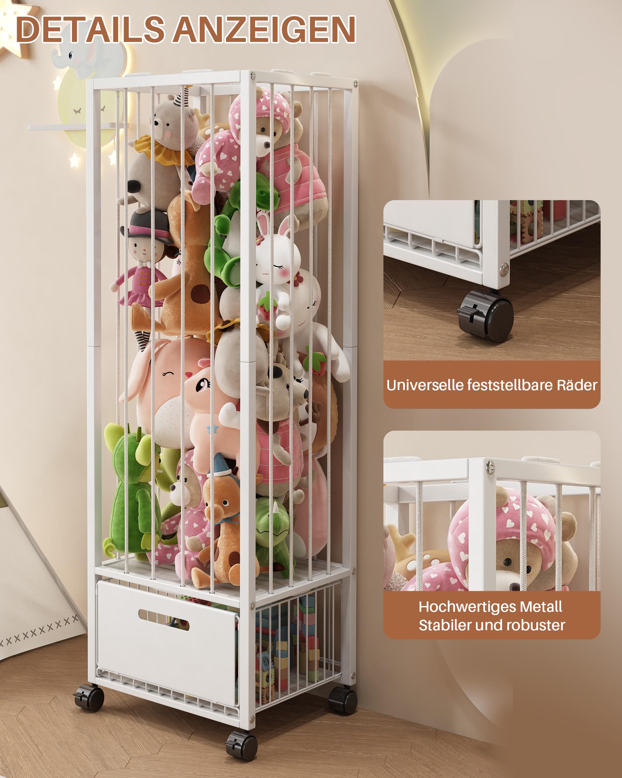 UMDONX Kuscheltier Aufbewahrung mit Schublade, 360° Bremsräder & platzsparend Design, Stofftier Organizer für Kinderzimmer, 40x32x130 cm, Weiß