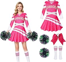 Girl's Cheerleader Costume, Carnival Pink Costume Cheerleader Girl with Pompoms Hair Band with Bow Stockings Cheerleader Costume for Carnival Theme Party