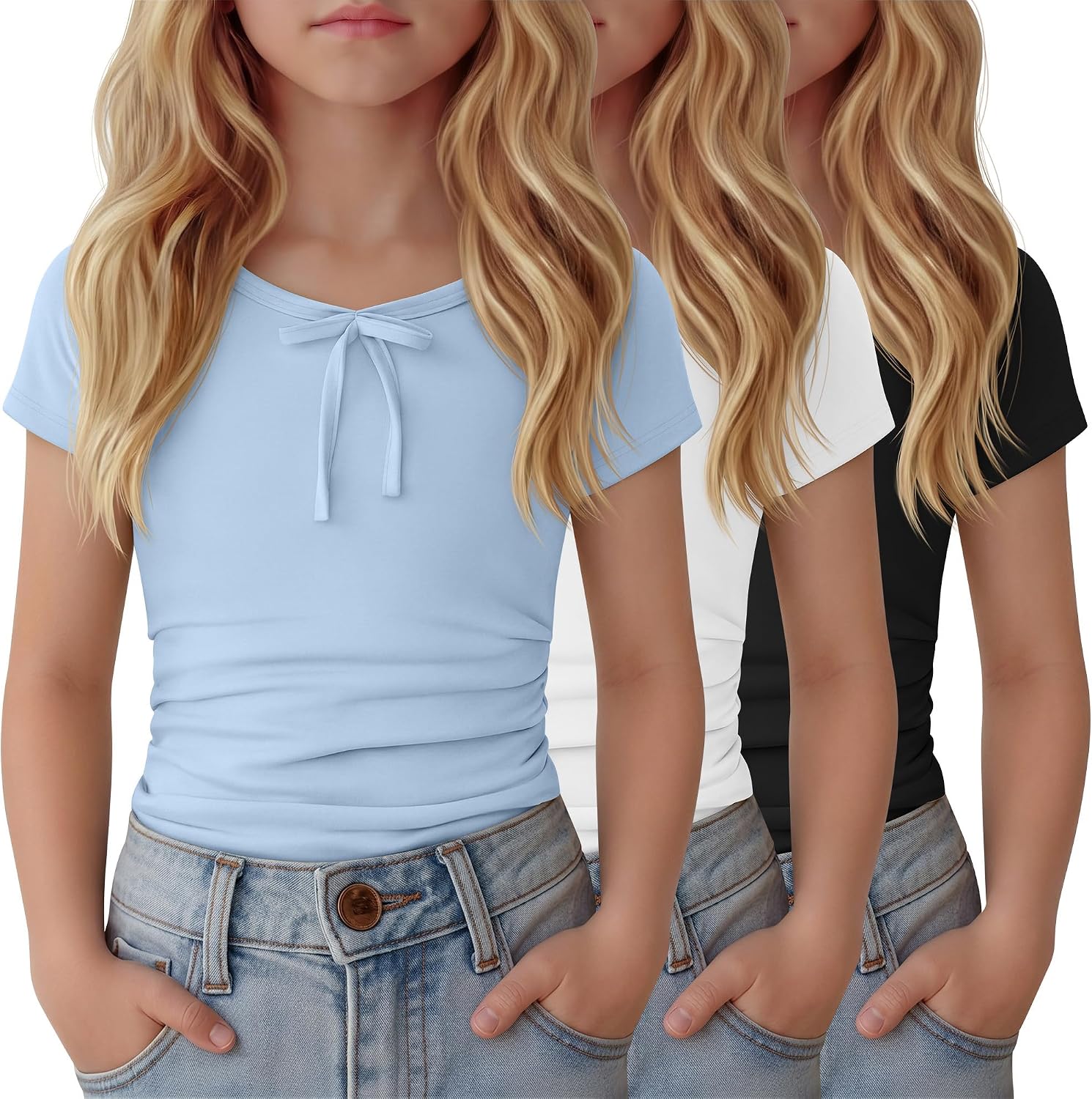 3 Pack Girls Short Sleeve Tops Kids Ruched Slim Fitted Shirt Crew Neck Cute Bow Tees Teen Summer T-Shirt 5-14 Years