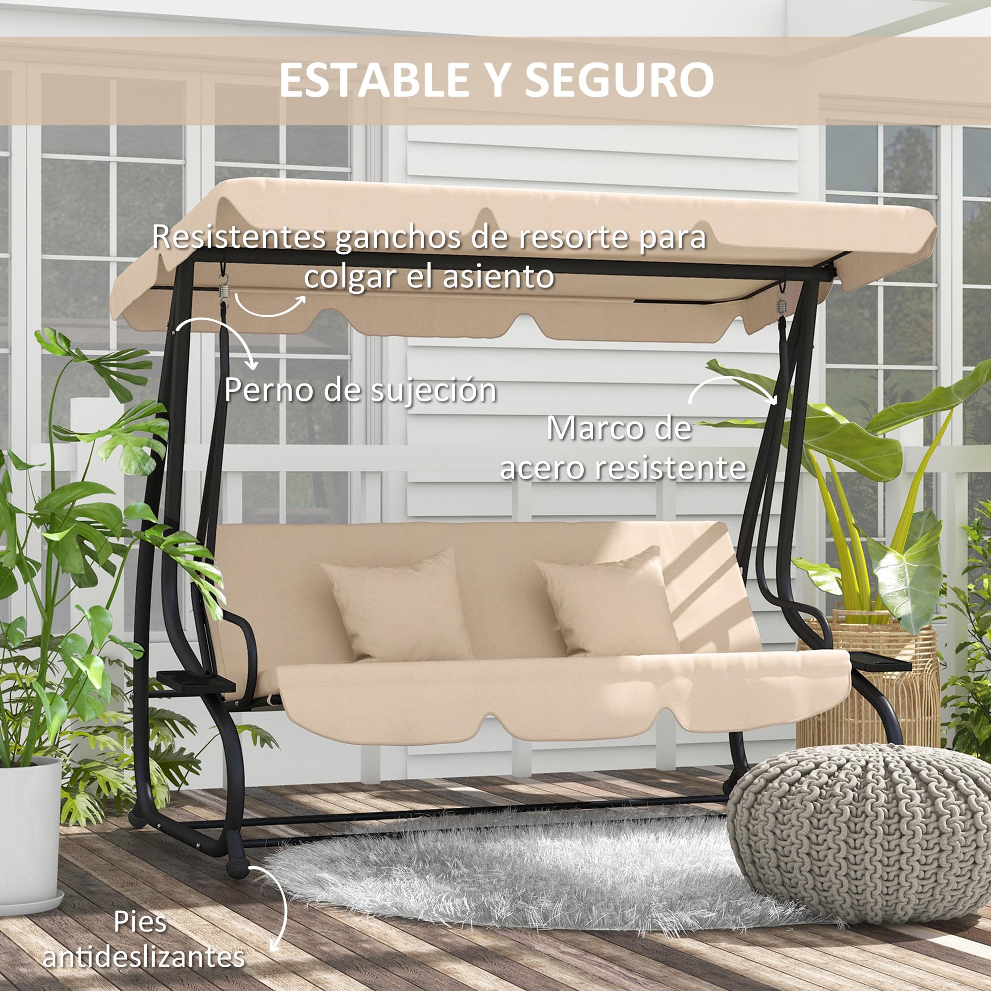 Outsunny Balancín de Jardín Exterior de 3 Plazas Columpio de Jardín Exterior Convertible en Cama 2 en 1 con Toldo Ajustable Soportes Laterales y 2 Almohadas Carga 340 kg 200x120x164 cm Arena