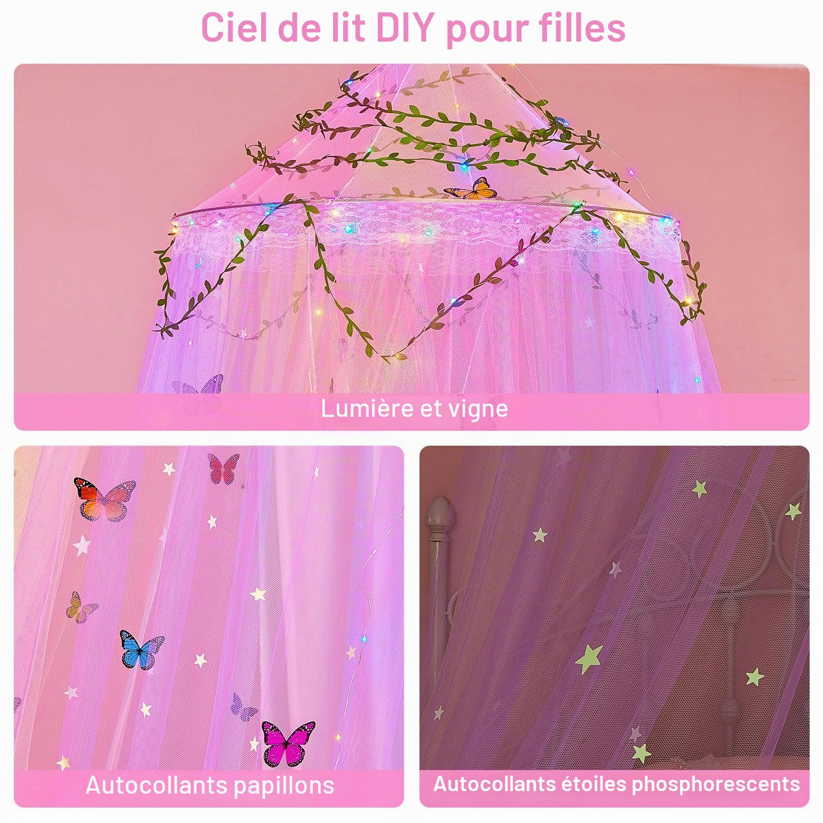 MHJY Lit de princesse chambre avec rideaux LED, moustiquaire DIY, étoiles et papillons