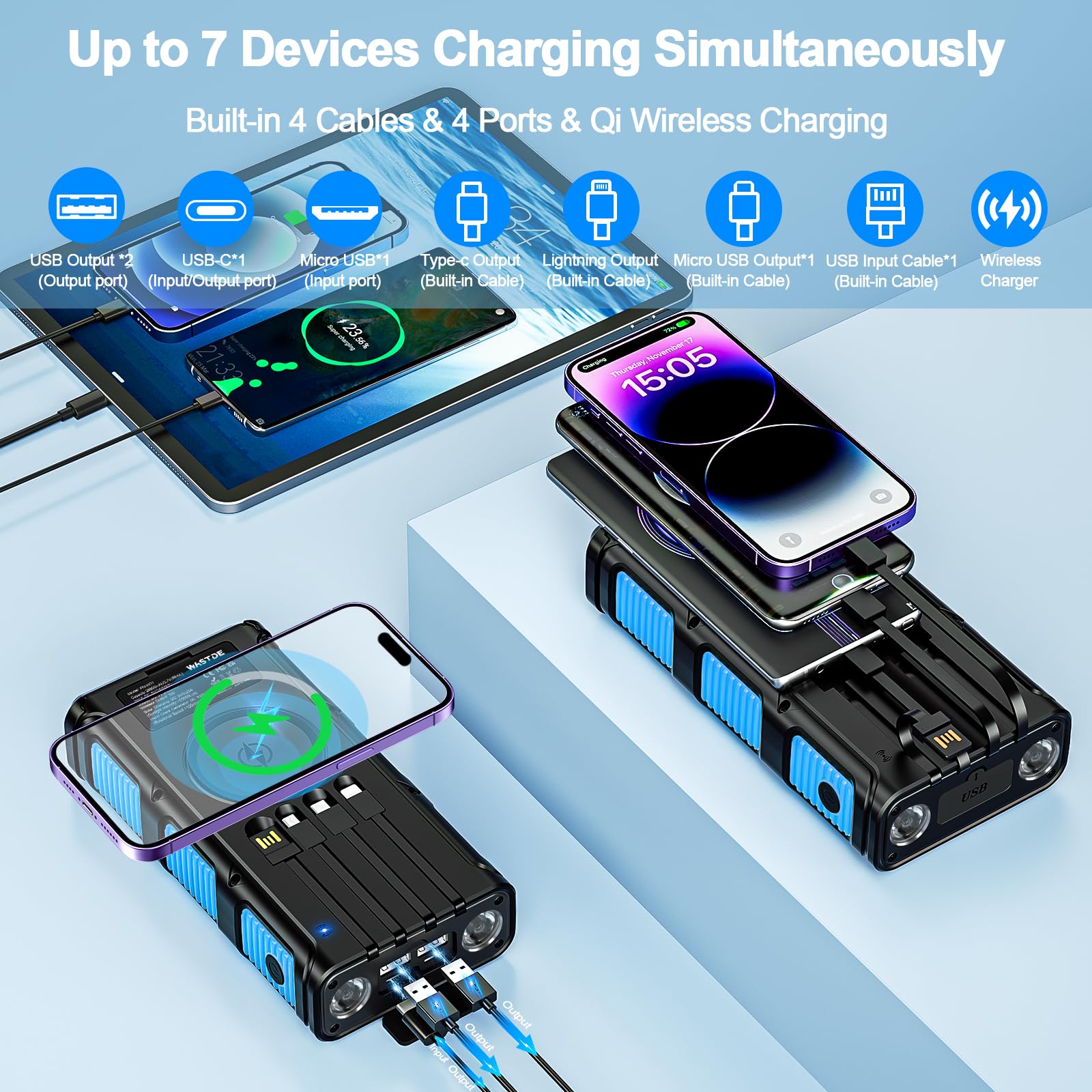 Power Bank Solare 26800mAh, Powerbank Wireless con Carica Solare, Manovella e 4 Cavi, Power Bank USB-C Ricarica Rapida 7 Uscite e 5 Ingressi per Telefono, Batteria Esterna Impermeabile per Campeggio
