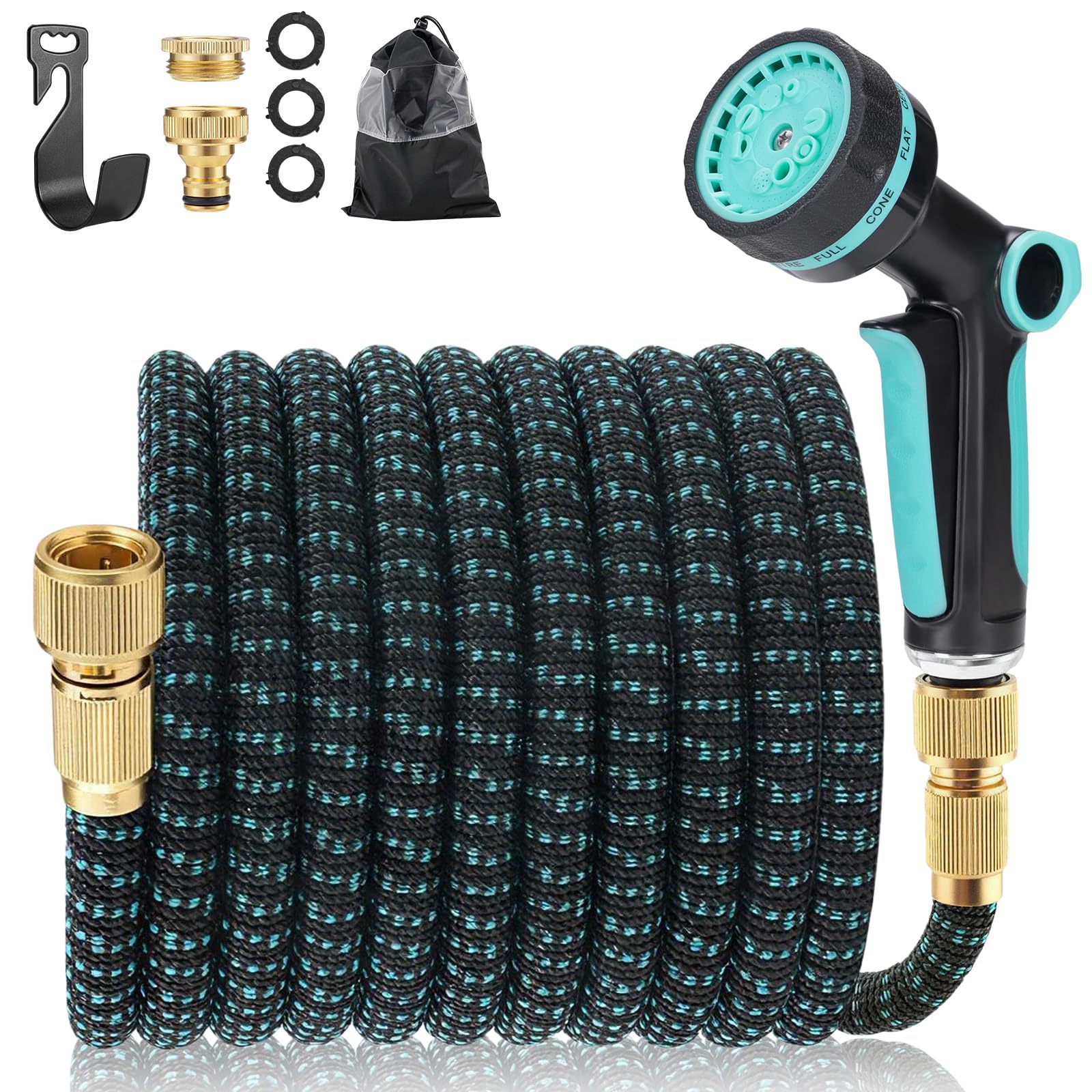 Manguera Jardin Extensible 30M, Mangeras Jardineria Flexible con Pistola de 10 Funciones, Conectores Metálicos 1/2" y 3/4", Garden Hose para Riego, Terraza y Lavado de Coche