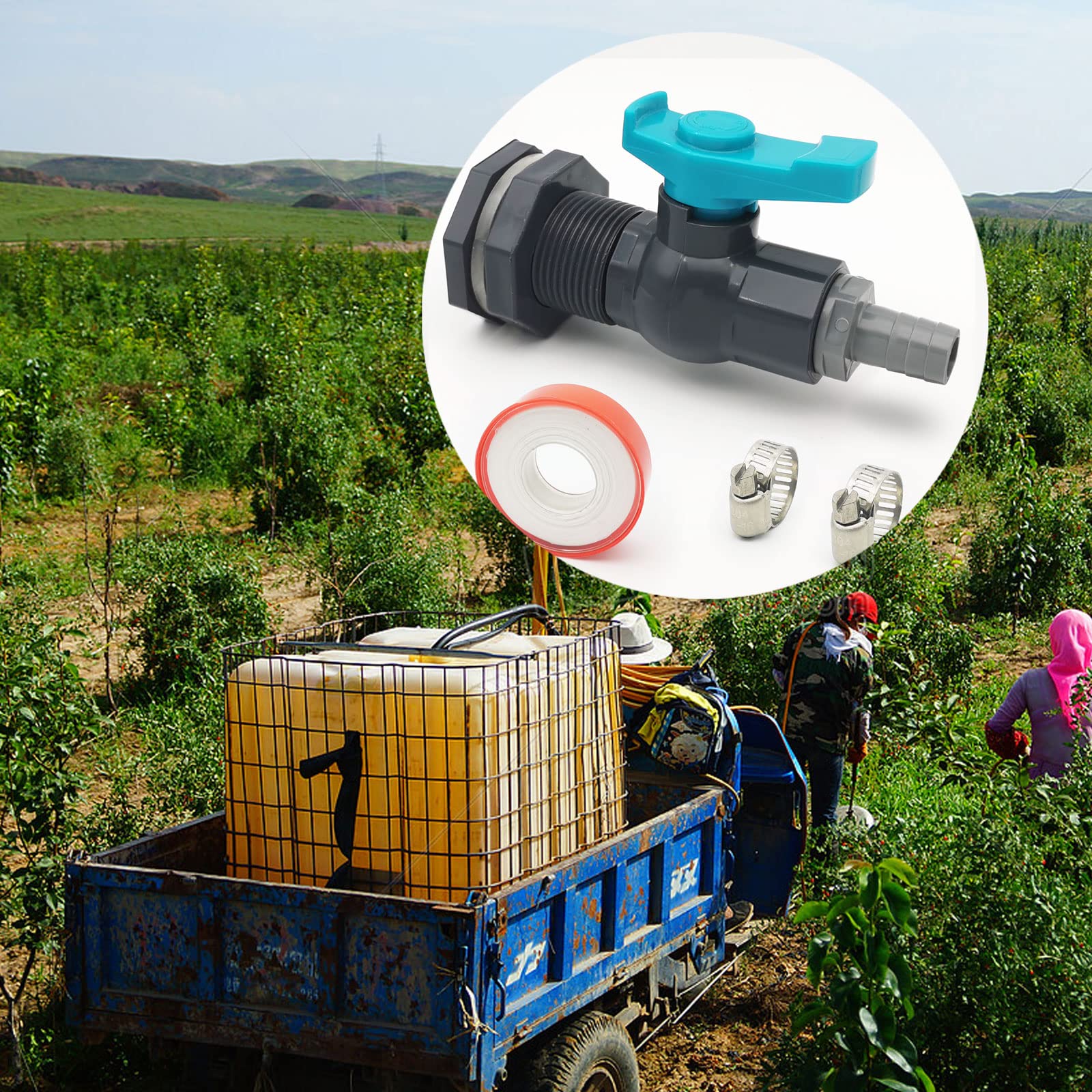 Kit de grifo de PVC para barril de lluvia, kit desviador de barril de agua con accesorio de mamparo, válvula de bola, manguera de jardín (adaptador de 16 mm), abrazaderas de tubería, cinta de