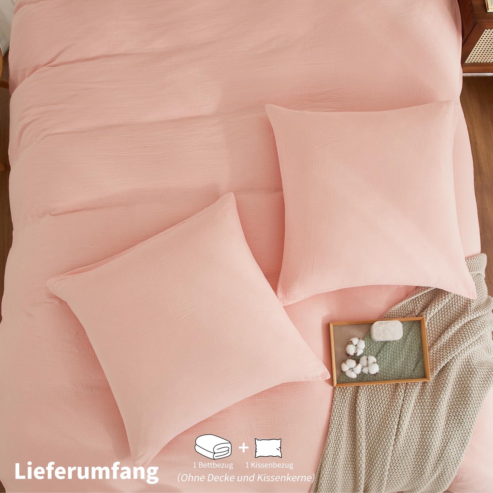 Doppelte Muslin Bettwäsche 135x200 Rosa 100% Baumwolle Bettwäsche Muslin Weich Atmungsaktiv Kuschelige Bettbezug Set 2teilig mit Reißverschluss und 80x80 cm Kissenbezug
