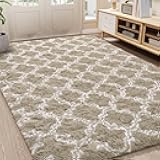 LOCHAS Luxury Shag Area Rug 5x8 Feet Geometric Plush Fluffy Rugs, Extra Soft Carpet Runner Rugs for Bedroom Living Room Dorm Kids, High Pile Shaggy Floor Rug Decor, Beige/White