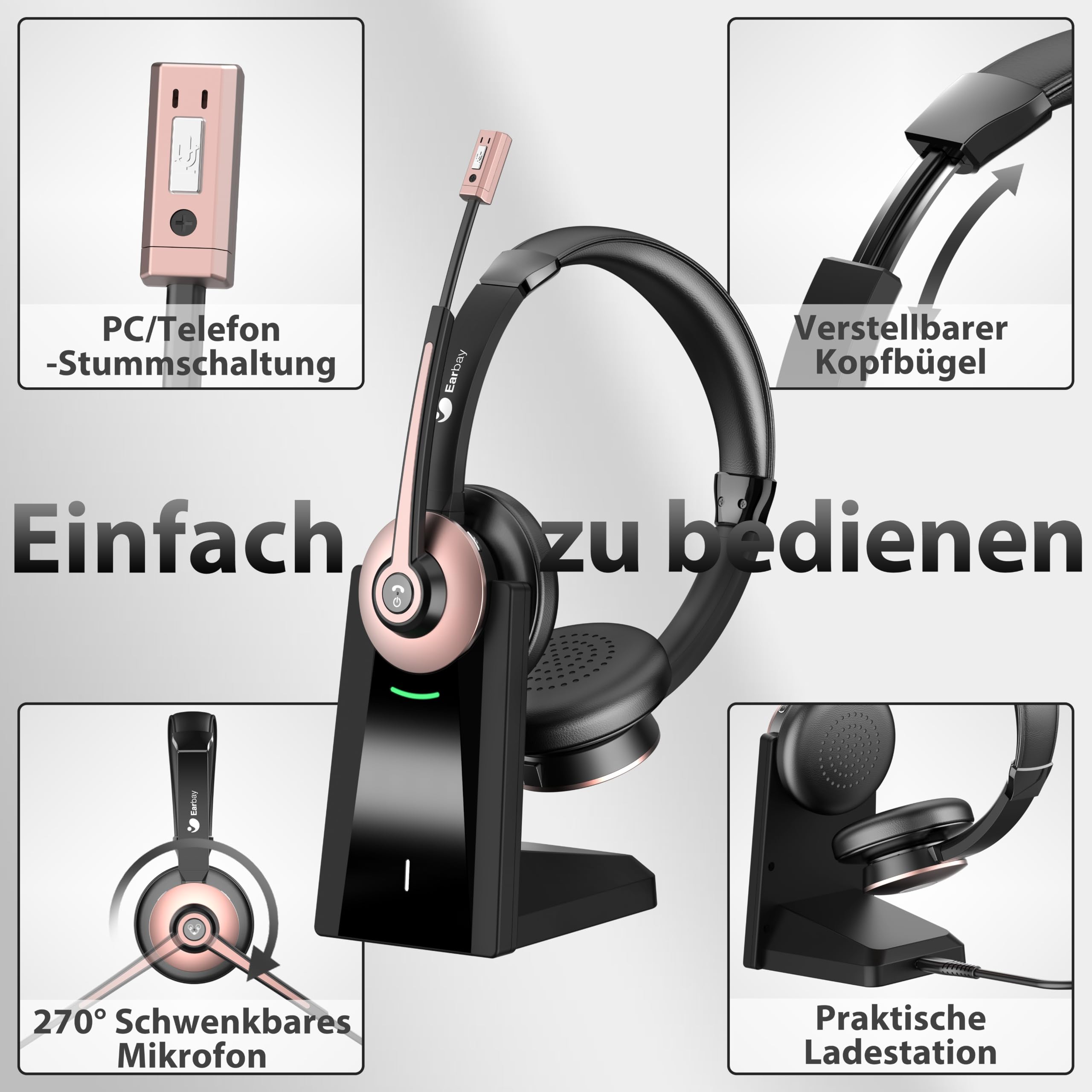 Casque sans fil Bluetooth microphone, réduction du bruit, dongle USB, pour ordinateur/telephone portable/reunion/centre d'appel/bureau