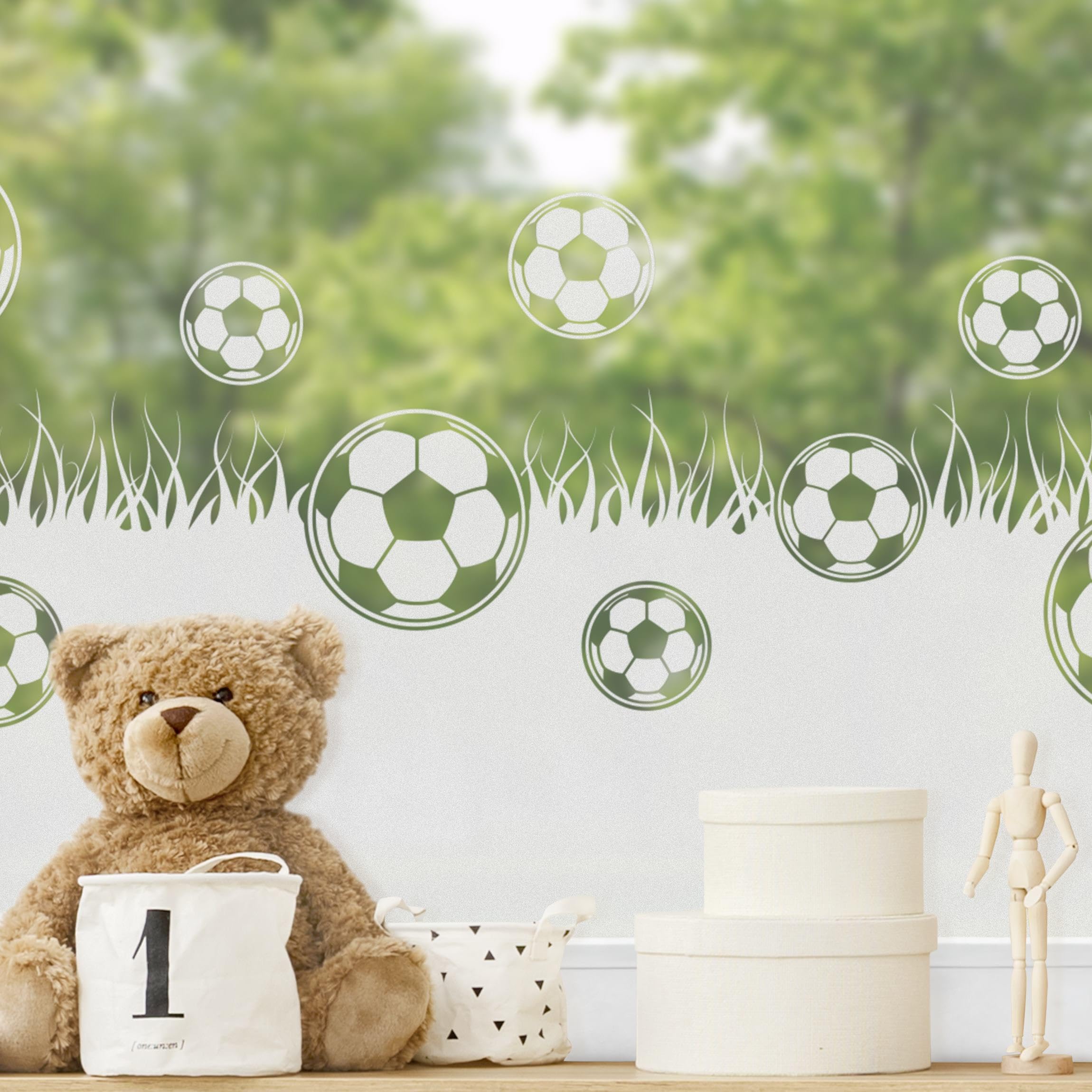Fensterfolie statisch haftend Sport Sichtschutz Milchglas - Made in Germany - Fußball Modern Blickdicht Scheibe Innen Weiss Kinderzimmer Glas 1488 (180x60cm)