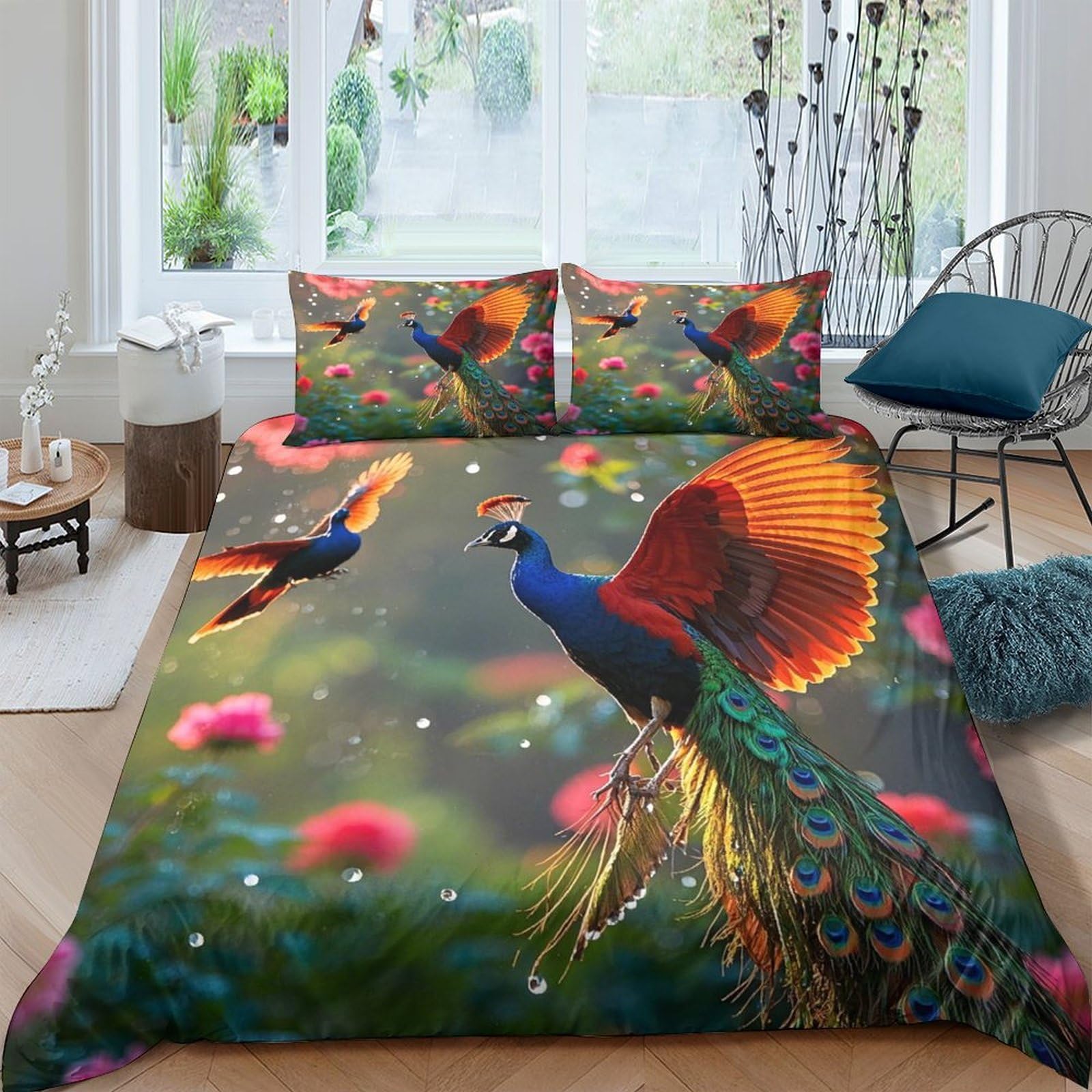 Ctjqhvkz Style-1 3D Printed Peacock Floral Fitted Sheet Microfiber Soft Colourful Bird Mattress Cover For Bedroom Guest Room Easy Care Single（135X200cm）