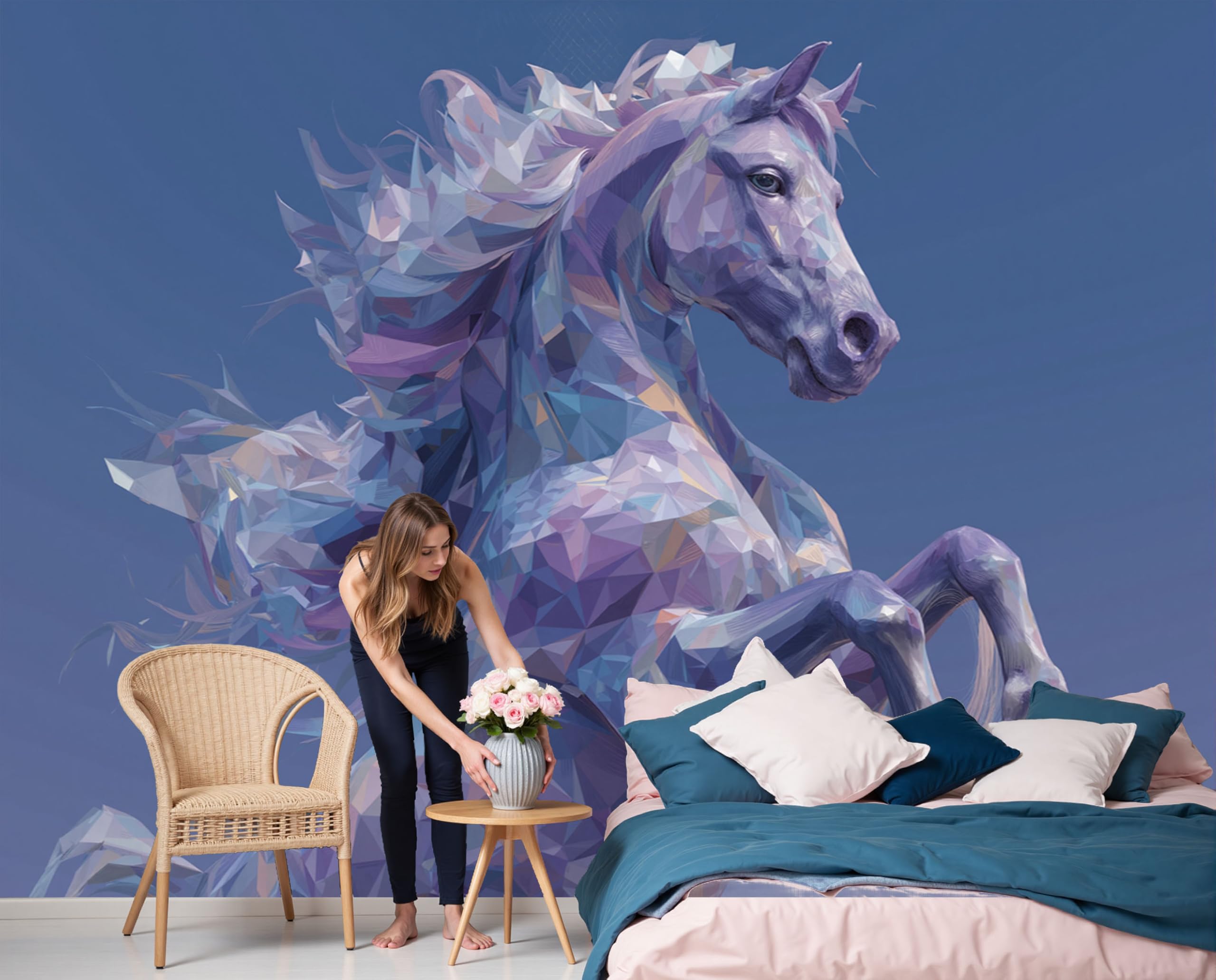 Papier peint 3D panoramique cheval bleu géométrique 250X175Cm pour canapé